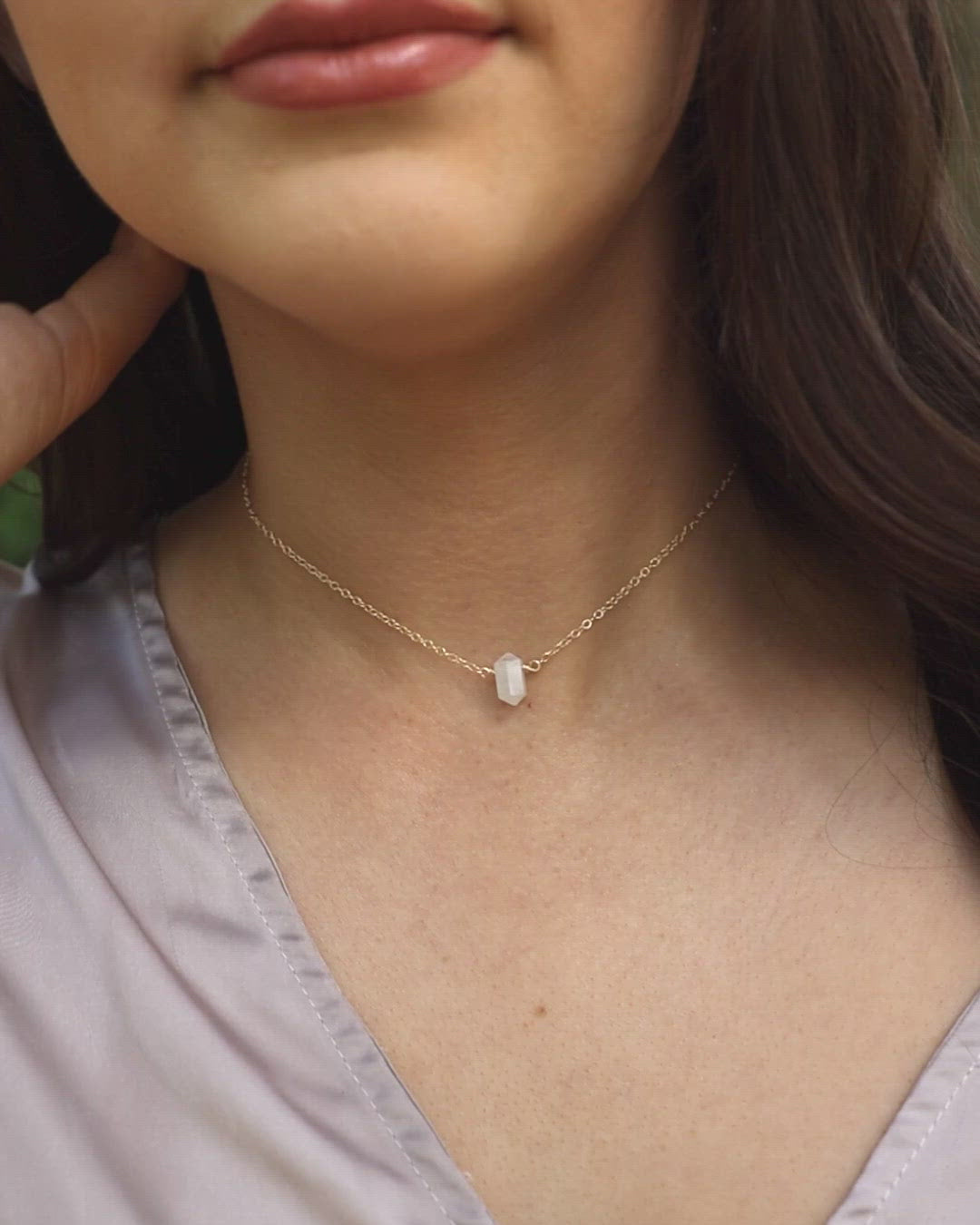 Double Terminated Rainbow Moonstone Mini Crystal Point Choker Necklace