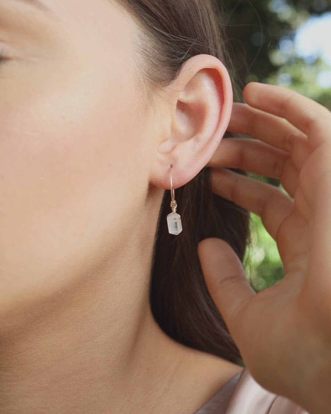Double Terminated Rainbow Moonstone Mini Crystal Point Dangle Hoop Earrings