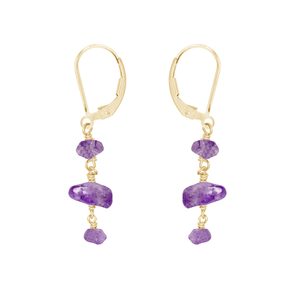 Amethyst Crystal Beaded Chain Dangle Leverback Earrings - Amethyst Crystal Beaded Chain Dangle Leverback Earrings - 14k Gold Fill - Luna Tide Handmade Crystal Jewellery