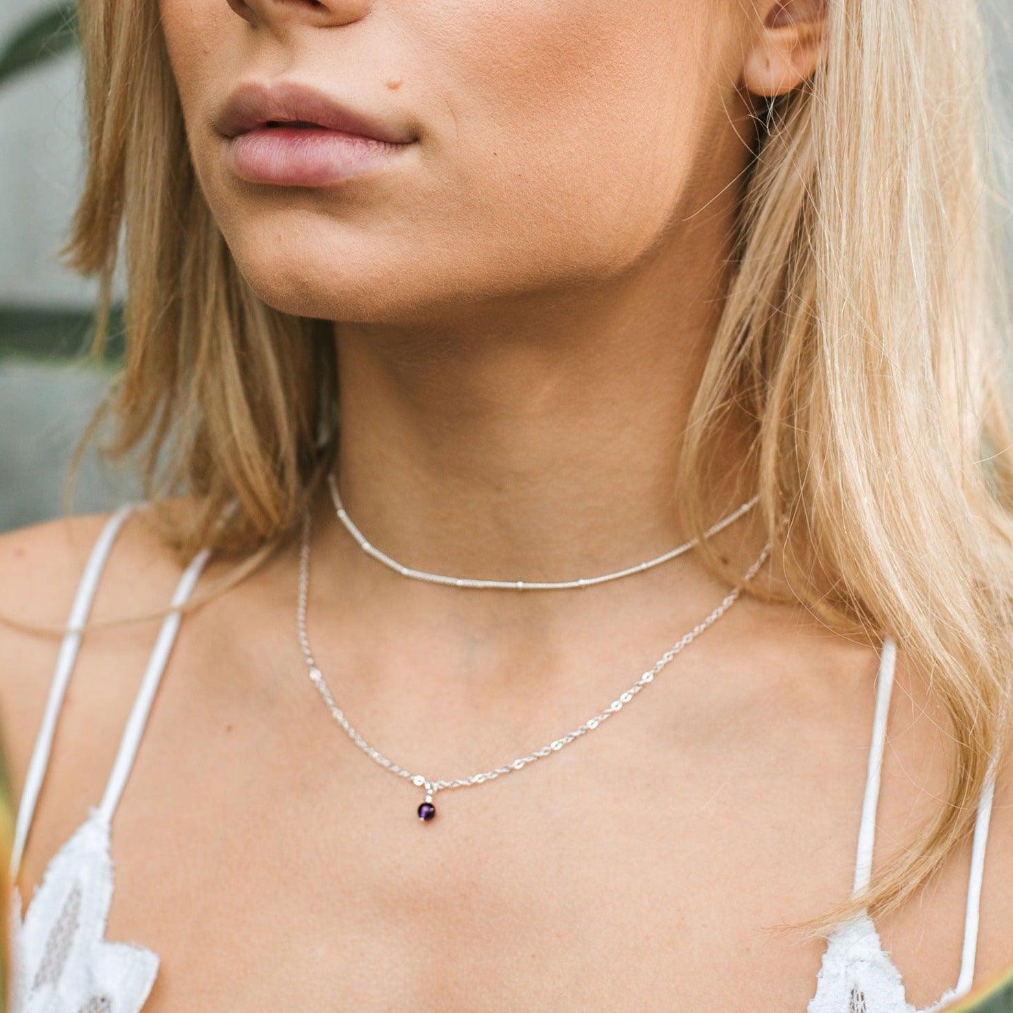 Amethyst Gemstone Chain Layered Choker Necklace - Amethyst Gemstone Chain Layered Choker Necklace - Sterling Silver - Luna Tide Handmade Crystal Jewellery
