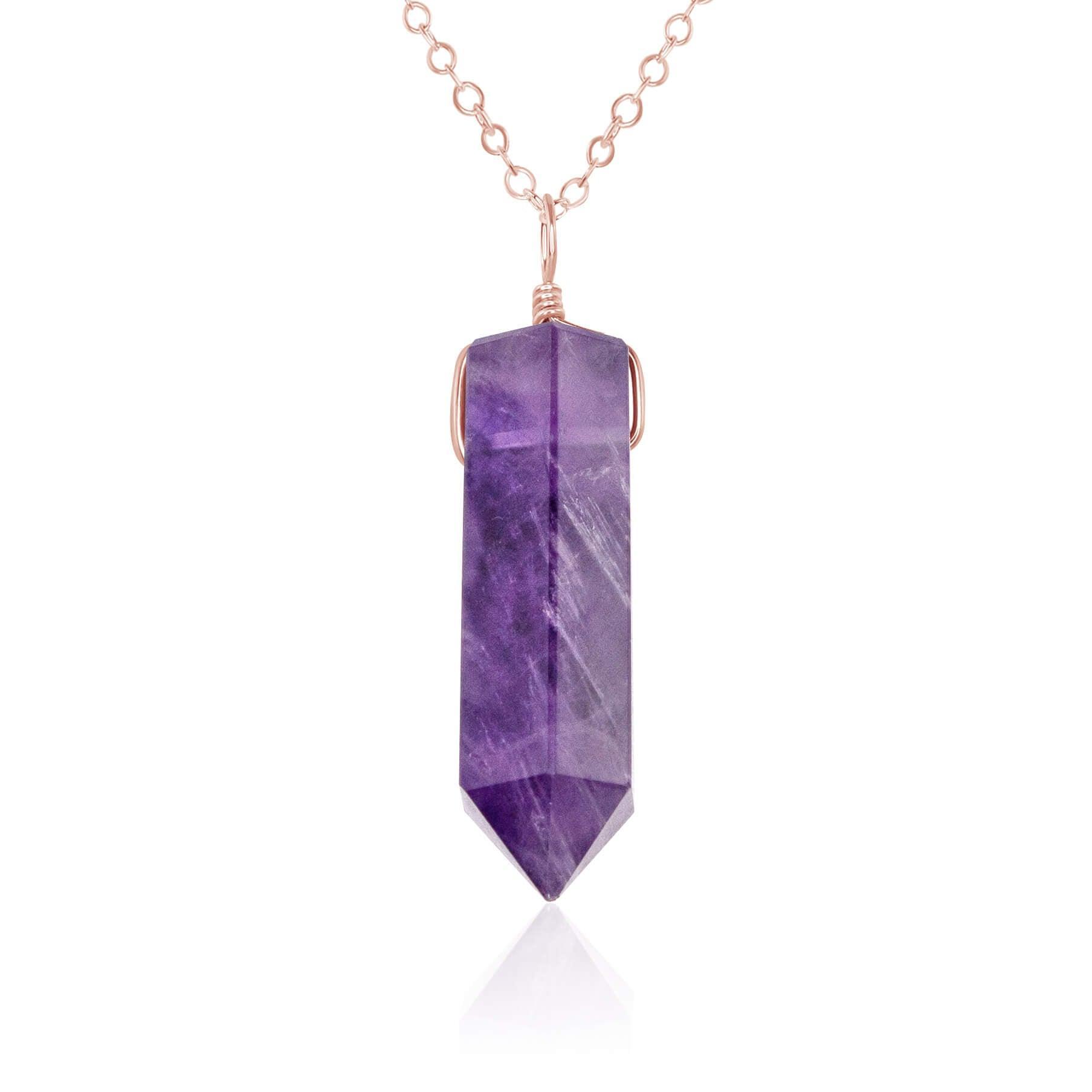 Amethyst Gemstone Generator Tower Point Pendant Necklace - Amethyst Gemstone Generator Tower Point Pendant Necklace - 14k Rose Gold Fill / Cable - Luna Tide Handmade Crystal Jewellery