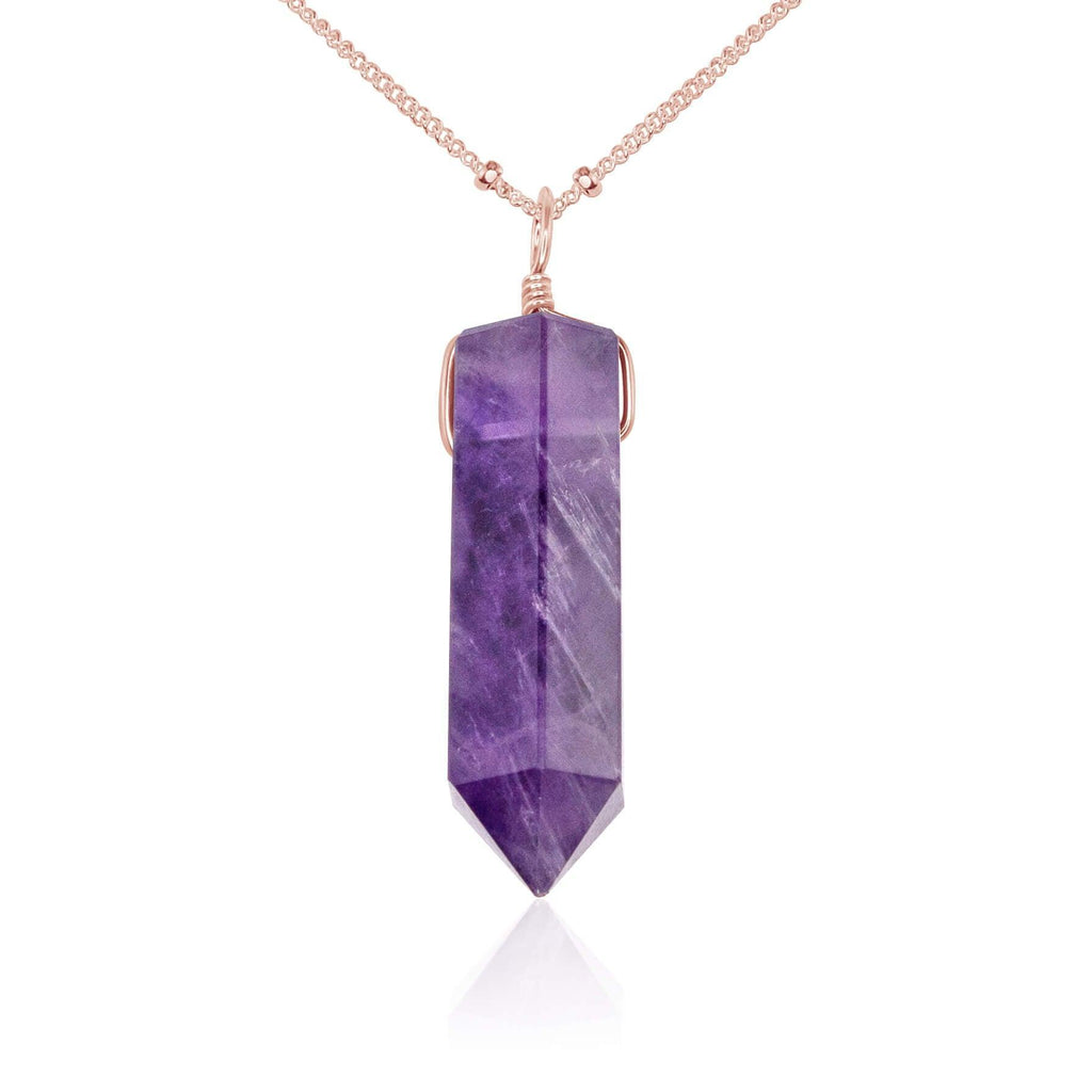 Amethyst Gemstone Generator Tower Point Pendant Necklace - Amethyst Gemstone Generator Tower Point Pendant Necklace - 14k Rose Gold Fill / Satellite - Luna Tide Handmade Crystal Jewellery
