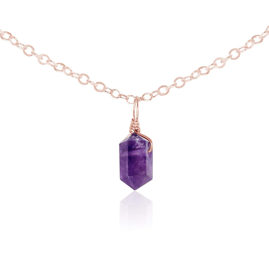 Amethyst Mini Double Terminated Crystal Point Pendant Choker Necklace - Amethyst Mini Double Terminated Crystal Point Pendant Choker Necklace - 14k Rose Gold Fill / Cable - Luna Tide Handmade Crystal Jewellery