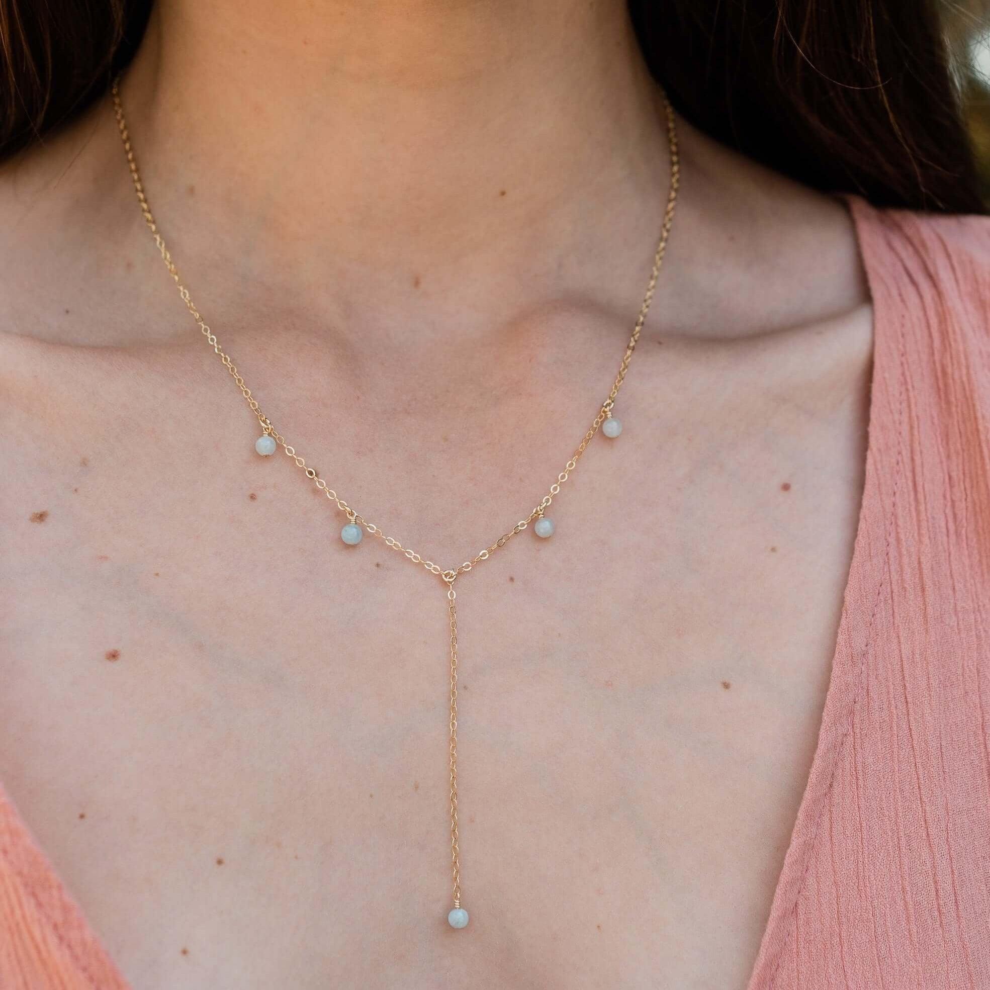 Aquamarine Boho Lariat Necklace - Aquamarine Boho Lariat Necklace - Sterling Silver - Luna Tide Handmade Crystal Jewellery