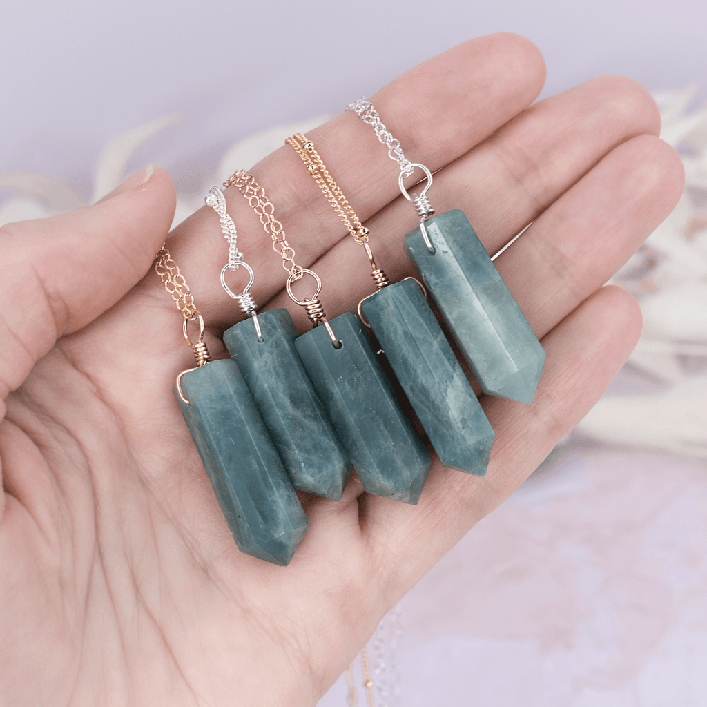 Aquamarine Gemstone Generator Tower Point Pendant Necklace - Aquamarine Gemstone Generator Tower Point Pendant Necklace - Sterling Silver / Satellite - Luna Tide Handmade Crystal Jewellery