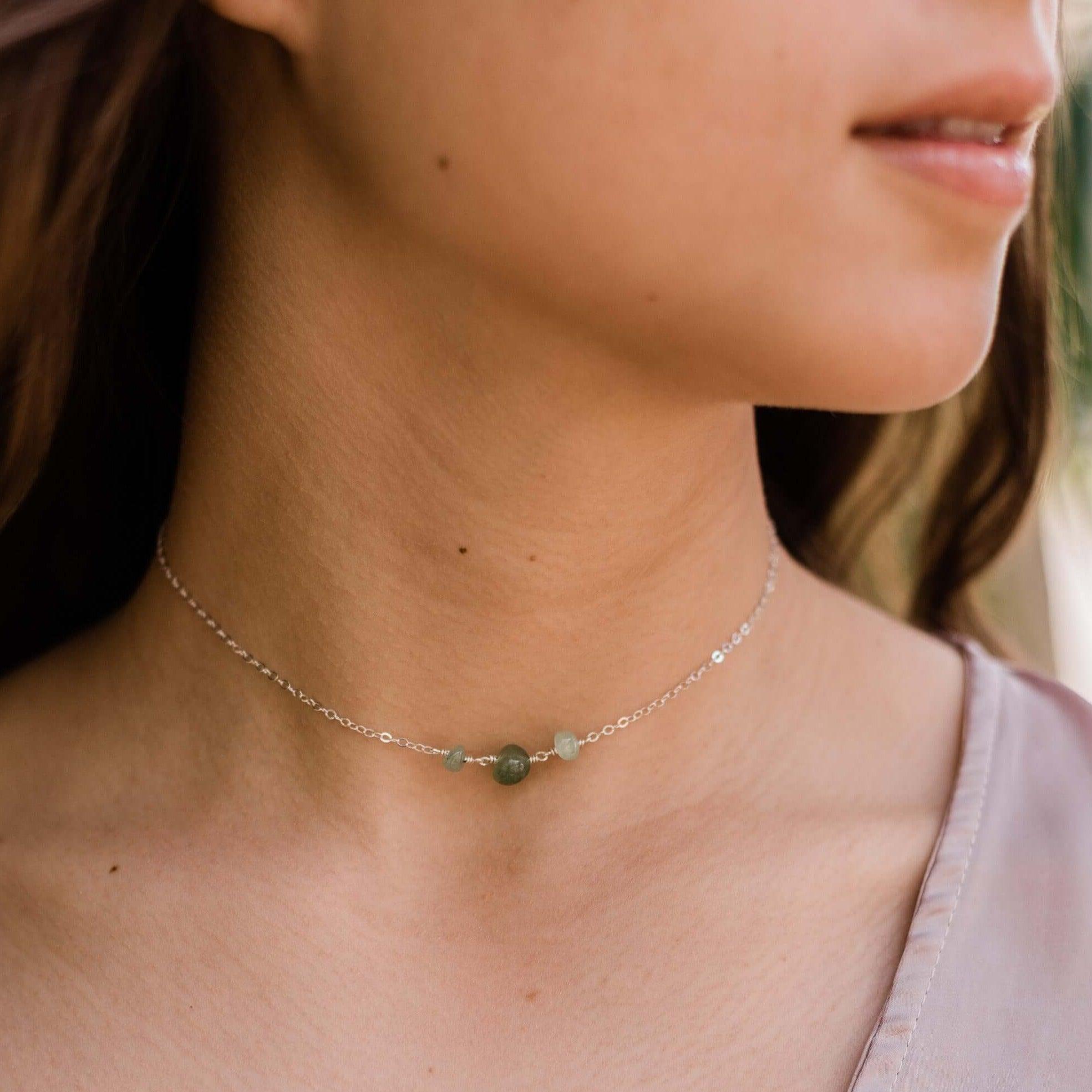 Aventurine Beaded Chain Choker Necklace - Aventurine Beaded Chain Choker Necklace - 14k Gold Fill - Luna Tide Handmade Crystal Jewellery