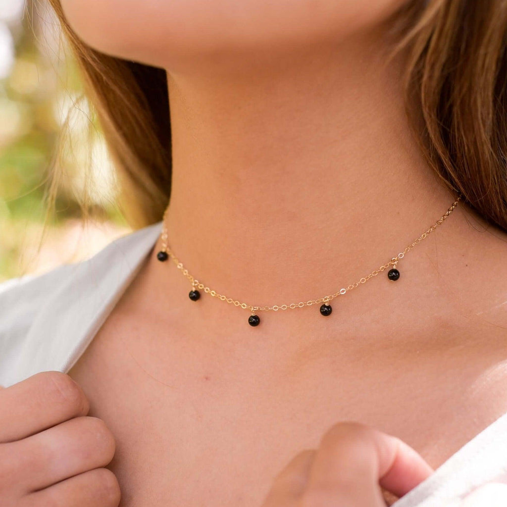 Black Onyx Bead Drop Choker - Black Onyx Bead Drop Choker - 14k Gold Fill - Luna Tide Handmade Crystal Jewellery