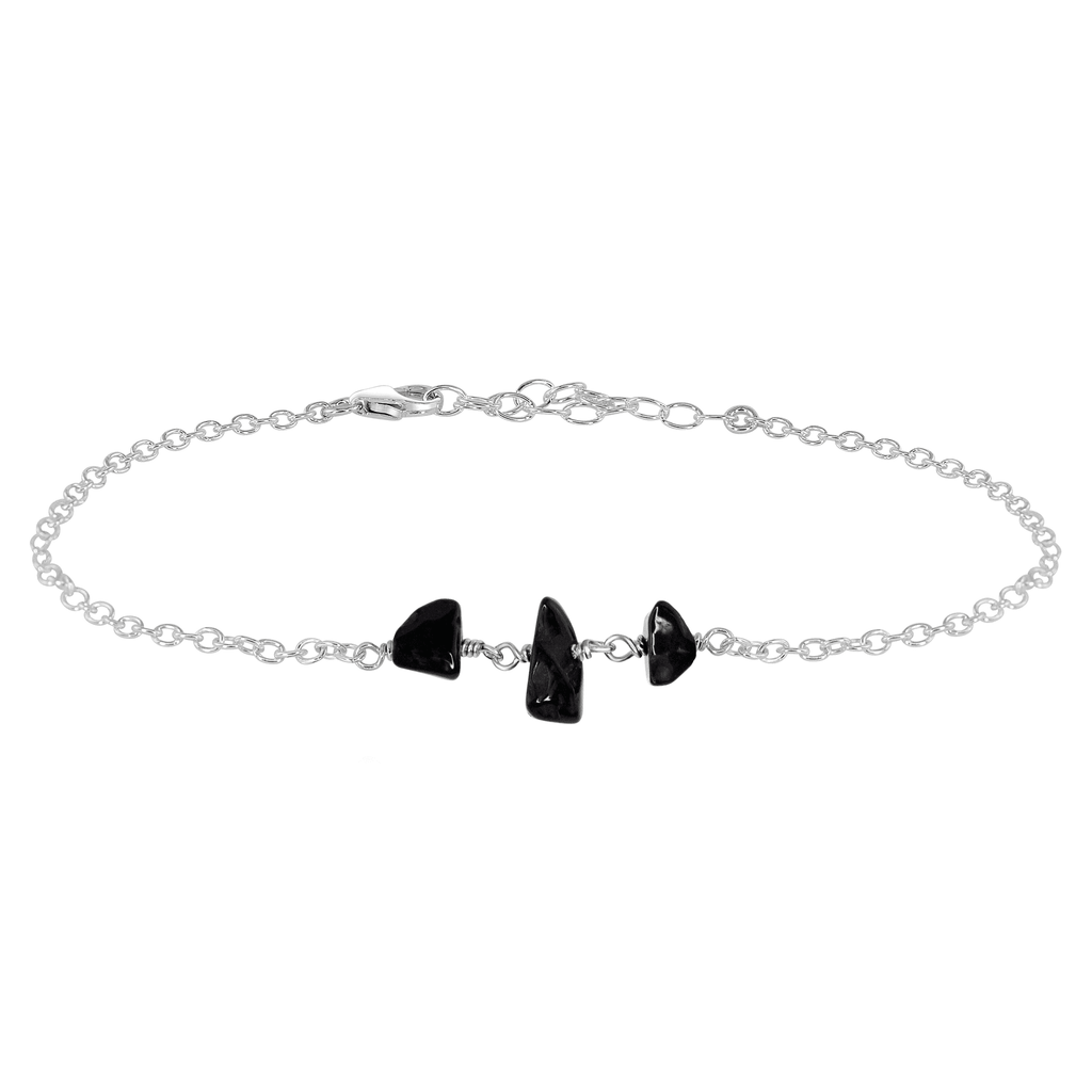 Black Onyx Beaded Chain Anklet - Black Onyx Beaded Chain Anklet - Sterling Silver - Luna Tide Handmade Crystal Jewellery