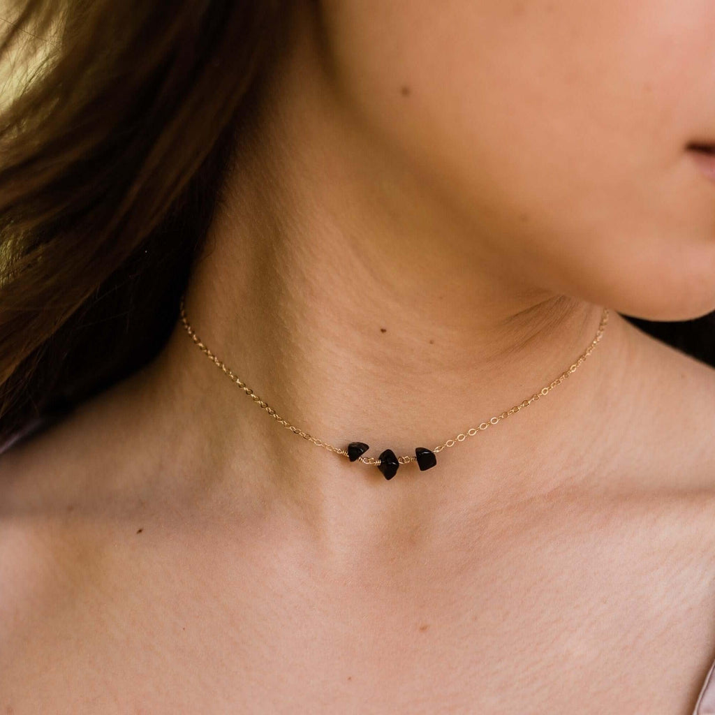 Black Onyx Beaded Chain Choker Necklace - Black Onyx Beaded Chain Choker Necklace - Sterling Silver - Luna Tide Handmade Crystal Jewellery
