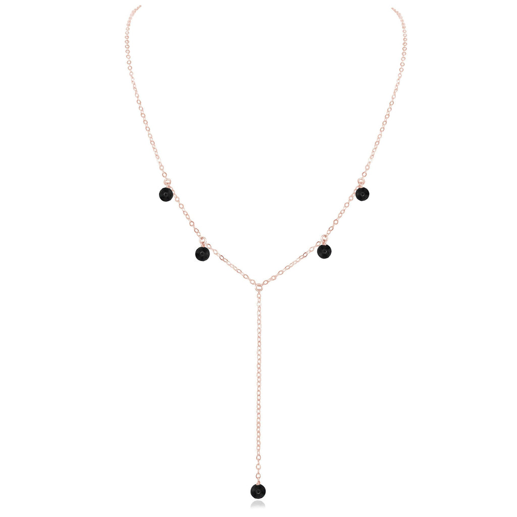 Black Onyx Boho Lariat Necklace - Black Onyx Boho Lariat Necklace - 14k Rose Gold Fill - Luna Tide Handmade Crystal Jewellery