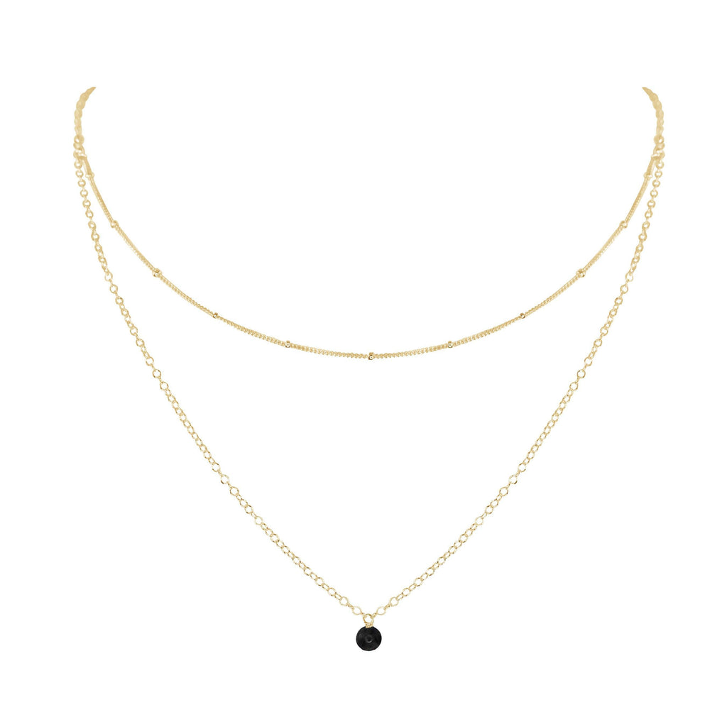 Black Onyx Gemstone Chain Layered Choker Necklace - Black Onyx Gemstone Chain Layered Choker Necklace - 14k Gold Fill - Luna Tide Handmade Crystal Jewellery
