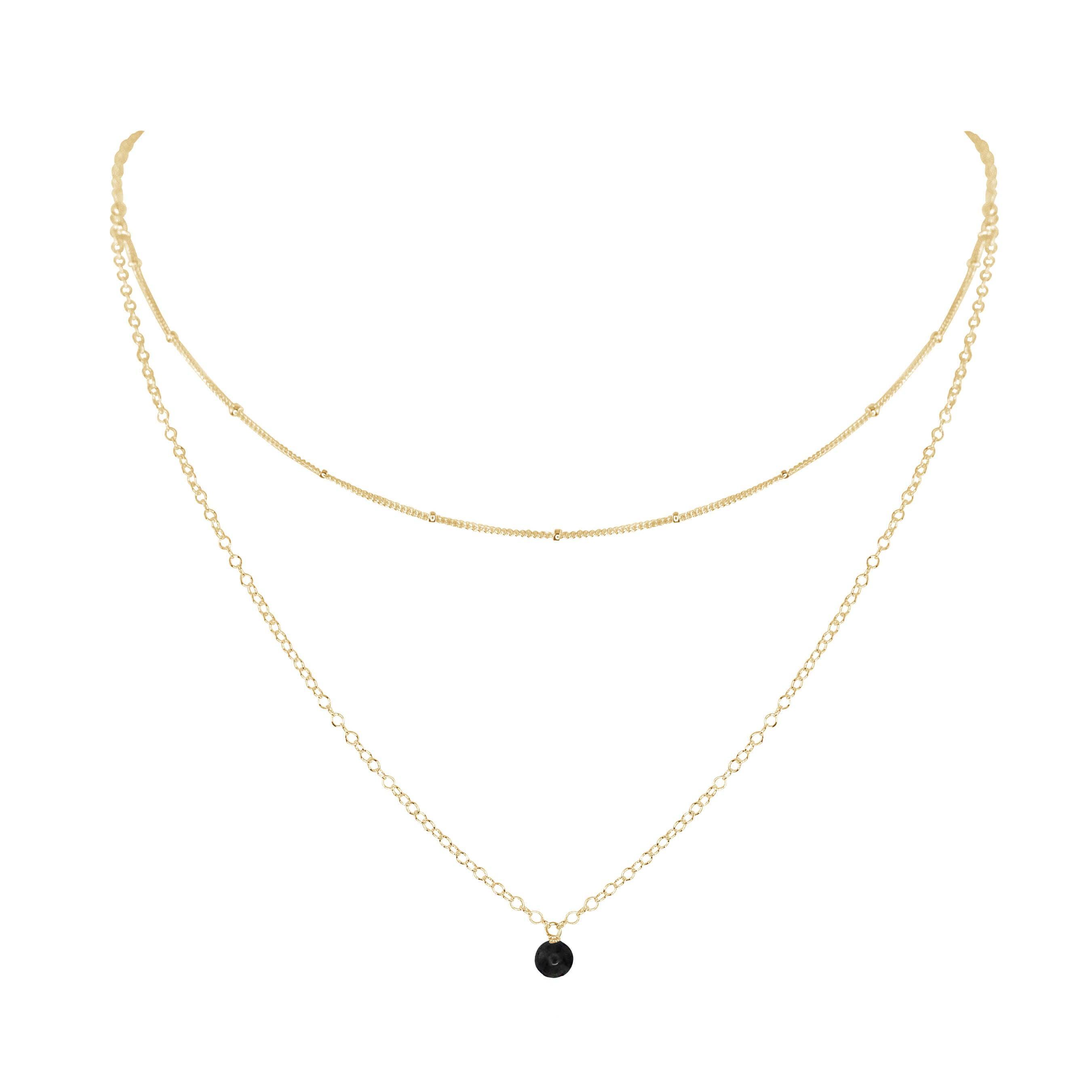 Black Onyx Gemstone Chain Layered Choker Necklace - Black Onyx Gemstone Chain Layered Choker Necklace - 14k Gold Fill - Luna Tide Handmade Crystal Jewellery