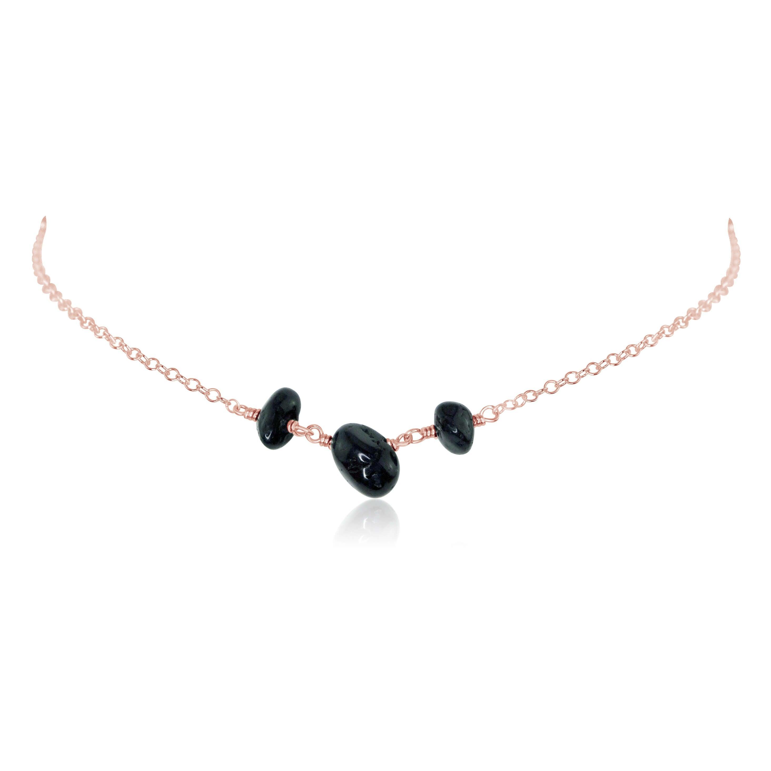 Black Tourmaline Beaded Chain Choker Necklace - Black Tourmaline Beaded Chain Choker Necklace - 14k Rose Gold Fill - Luna Tide Handmade Crystal Jewellery