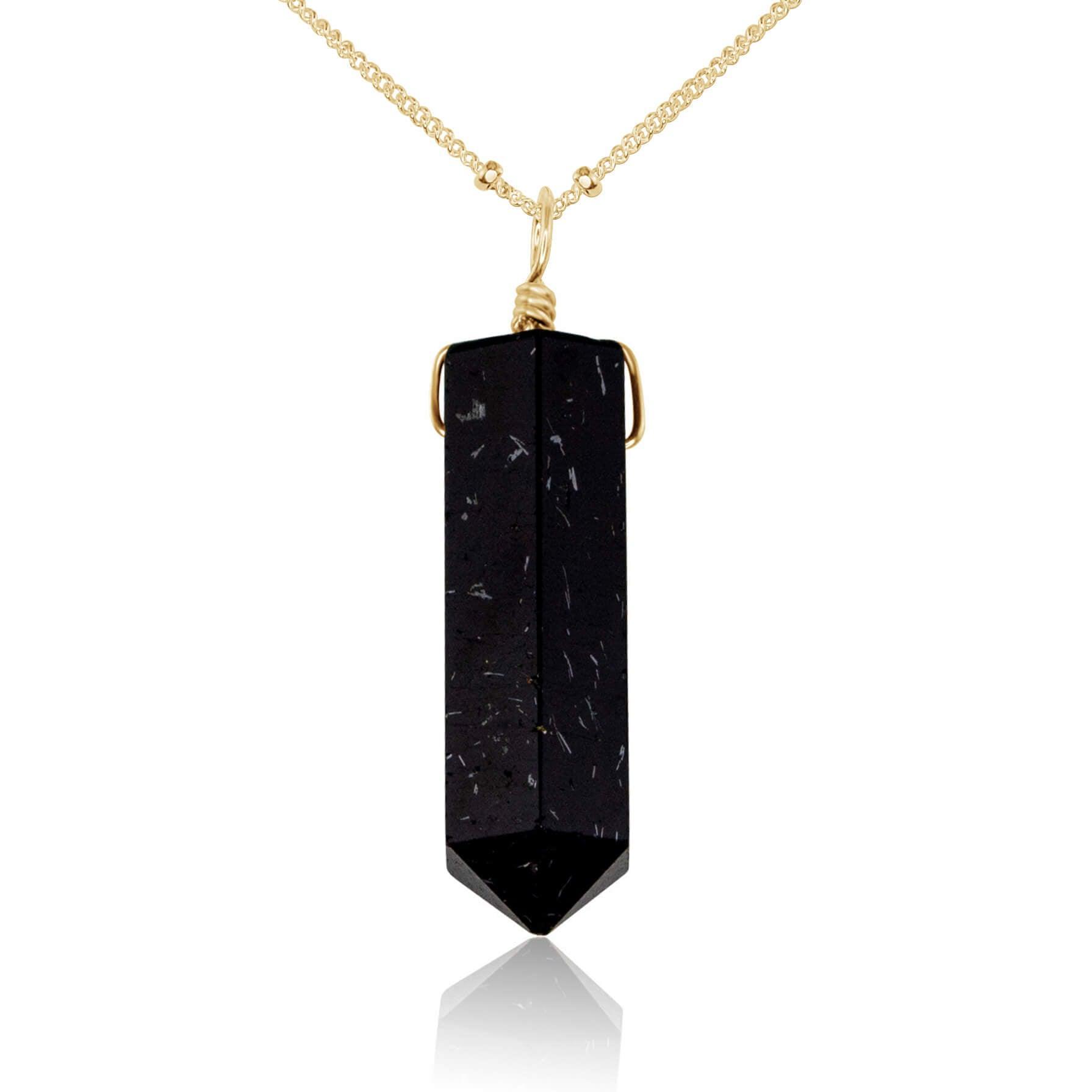 Black Tourmaline Crystal Generator Point Pendant Necklace - Black Tourmaline Crystal Generator Point Pendant Necklace - 14k Gold Fill / Satellite - Luna Tide Handmade Crystal Jewellery