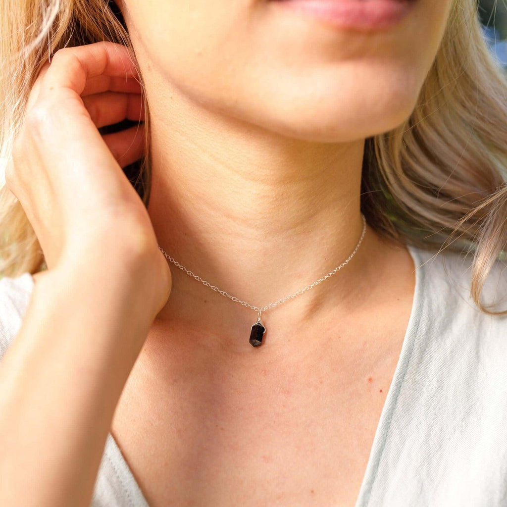 Black Tourmaline Mini Double Terminated Crystal Point Pendant Choker Necklace - Black Tourmaline Mini Double Terminated Crystal Point Pendant Choker Necklace - 14k Gold Fill / Cable - Luna Tide Handmade Crystal Jewellery