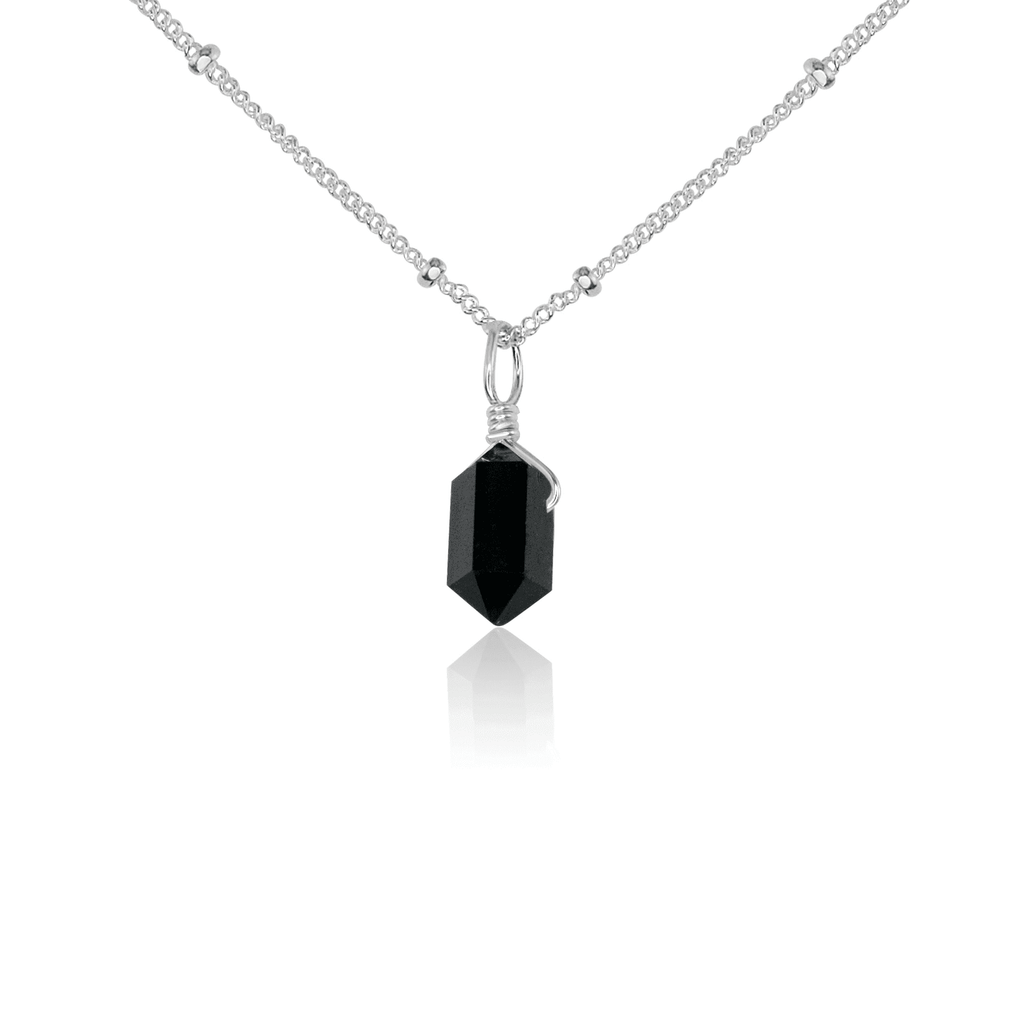 Black Tourmaline Mini Double Terminated Crystal Point Pendant Necklace - Black Tourmaline Mini Double Terminated Crystal Point Pendant Necklace - Sterling Silver / Satellite - Luna Tide Handmade Crystal Jewellery