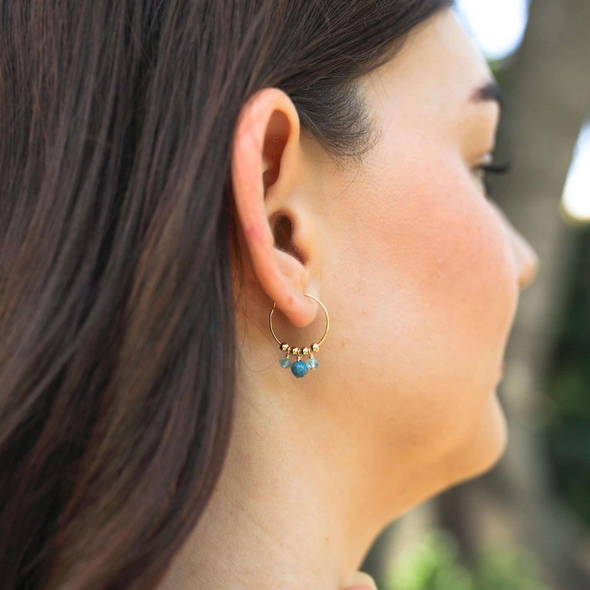Blue Apatite Gemstone Bead Drop Hoop Earrings - Blue Apatite Gemstone Bead Drop Hoop Earrings - Sterling Silver - Luna Tide Handmade Crystal Jewellery