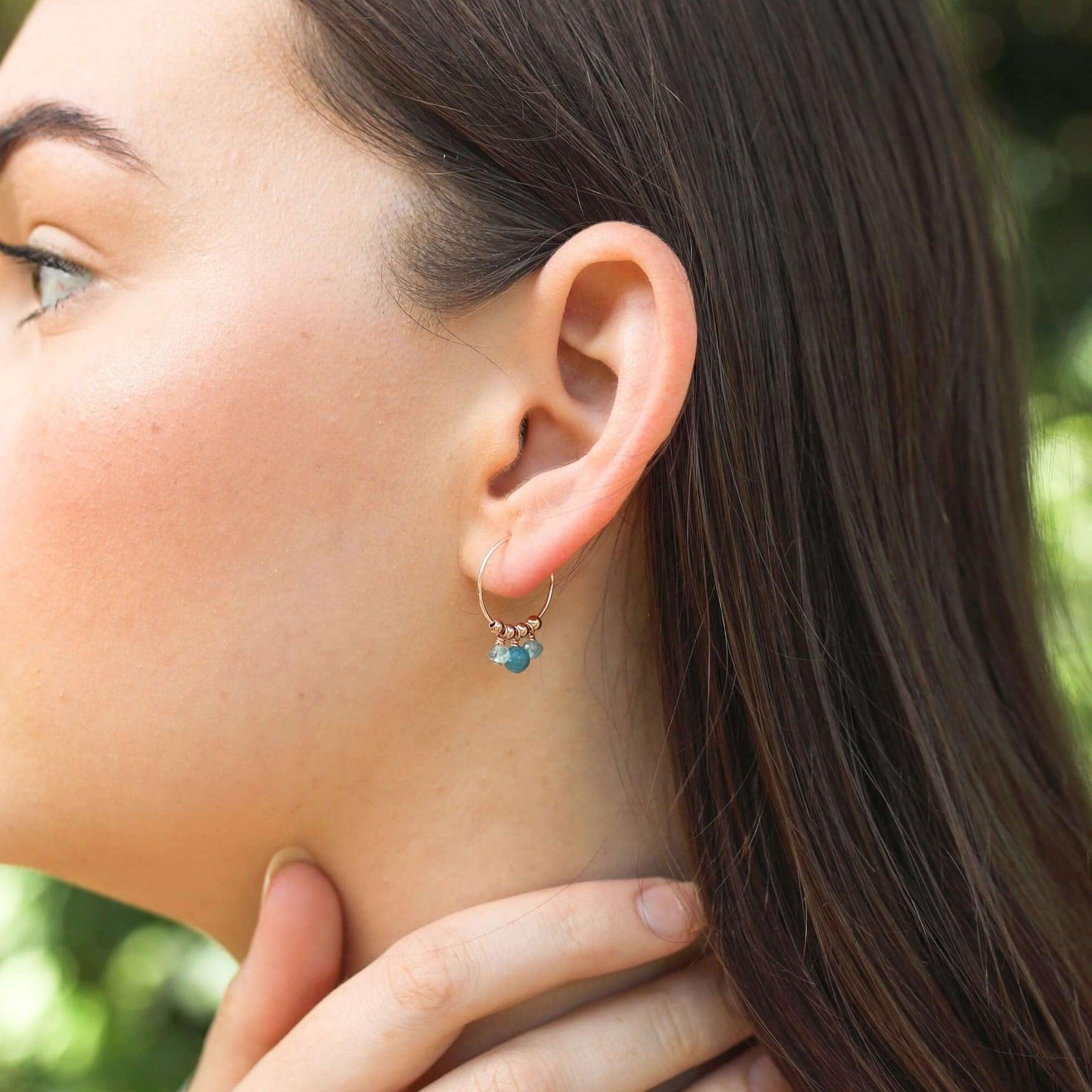 Blue Apatite Gemstone Bead Drop Hoop Earrings - Blue Apatite Gemstone Bead Drop Hoop Earrings - Sterling Silver - Luna Tide Handmade Crystal Jewellery