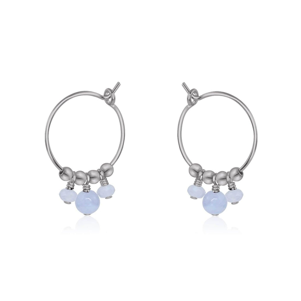 Blue Lace Agate Gemstone Bead Drop Hoop Earrings - Blue Lace Agate Gemstone Bead Drop Hoop Earrings - Sterling Silver - Luna Tide Handmade Crystal Jewellery