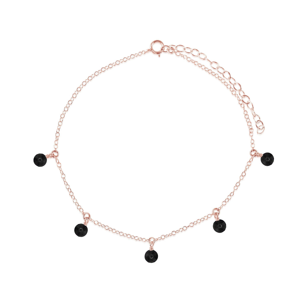 Boho Black Onyx Gemstone Bead Drop Anklet - Boho Black Onyx Gemstone Bead Drop Anklet - 14k Rose Gold Fill - Luna Tide Handmade Crystal Jewellery