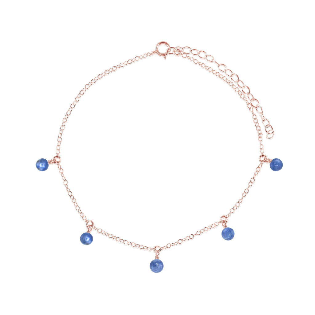 Boho Blue Kyanite Gemstone Bead Drop Anklet - Boho Blue Kyanite Gemstone Bead Drop Anklet - 14k Rose Gold Fill - Luna Tide Handmade Crystal Jewellery