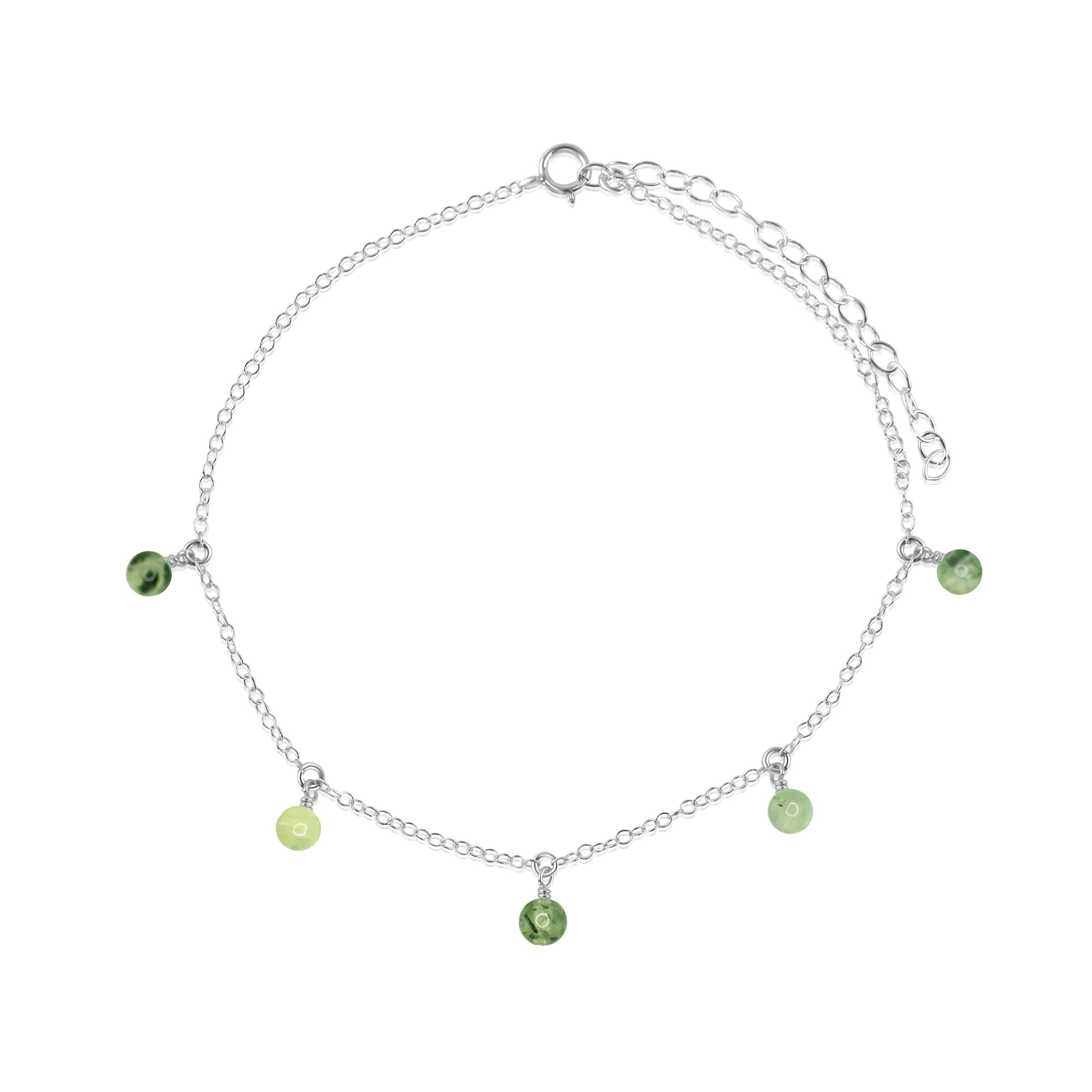 Boho Green Prehnite Gemstone Bead Drop Anklet - Boho Green Prehnite Gemstone Bead Drop Anklet - Sterling Silver - Luna Tide Handmade Crystal Jewellery