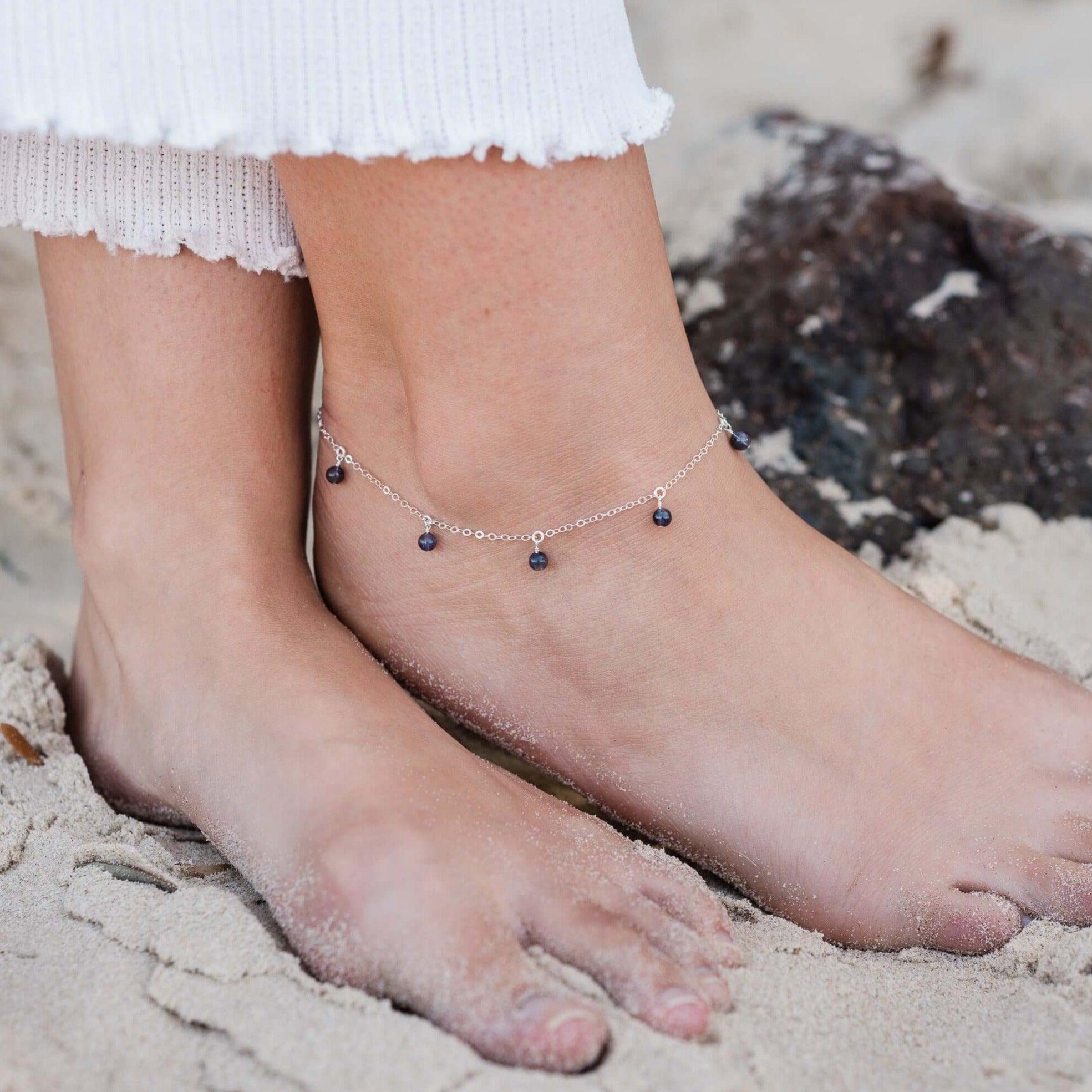 Boho Grey Iolite Gemstone Bead Drop Anklet - Boho Grey Iolite Gemstone Bead Drop Anklet - 14k Gold Fill - Luna Tide Handmade Crystal Jewellery