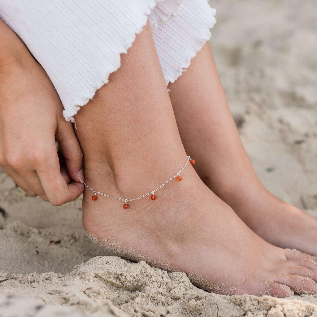 Boho Orange Carnelian Gemstone Bead Drop Anklet - Boho Orange Carnelian Gemstone Bead Drop Anklet - Sterling Silver - Luna Tide Handmade Crystal Jewellery