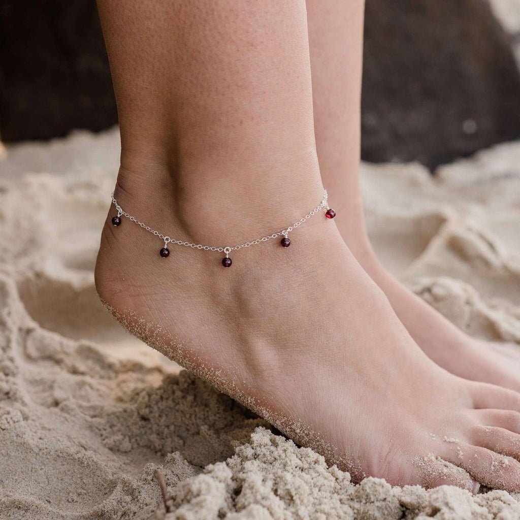 Boho Red Garnet Gemstone Bead Drop Anklet - Boho Red Garnet Gemstone Bead Drop Anklet - Sterling Silver - Luna Tide Handmade Crystal Jewellery
