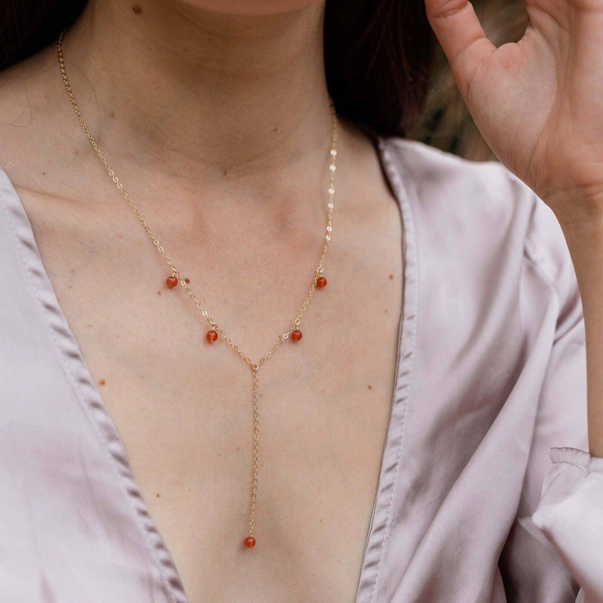 Carnelian Boho Lariat Necklace - Carnelian Boho Lariat Necklace - 14k Gold Fill - Luna Tide Handmade Crystal Jewellery