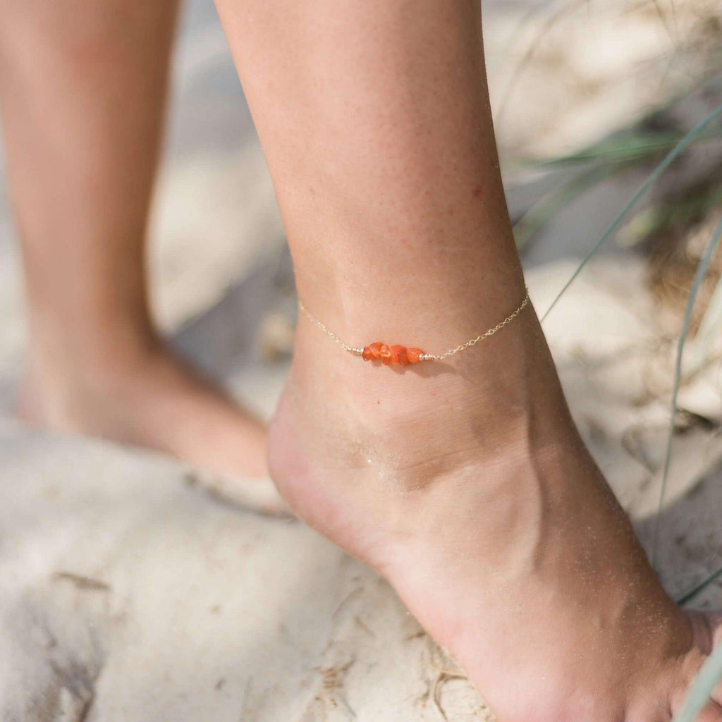Carnelian Chip Bead Bar Anklet - Carnelian Chip Bead Bar Anklet - Sterling Silver - Luna Tide Handmade Crystal Jewellery