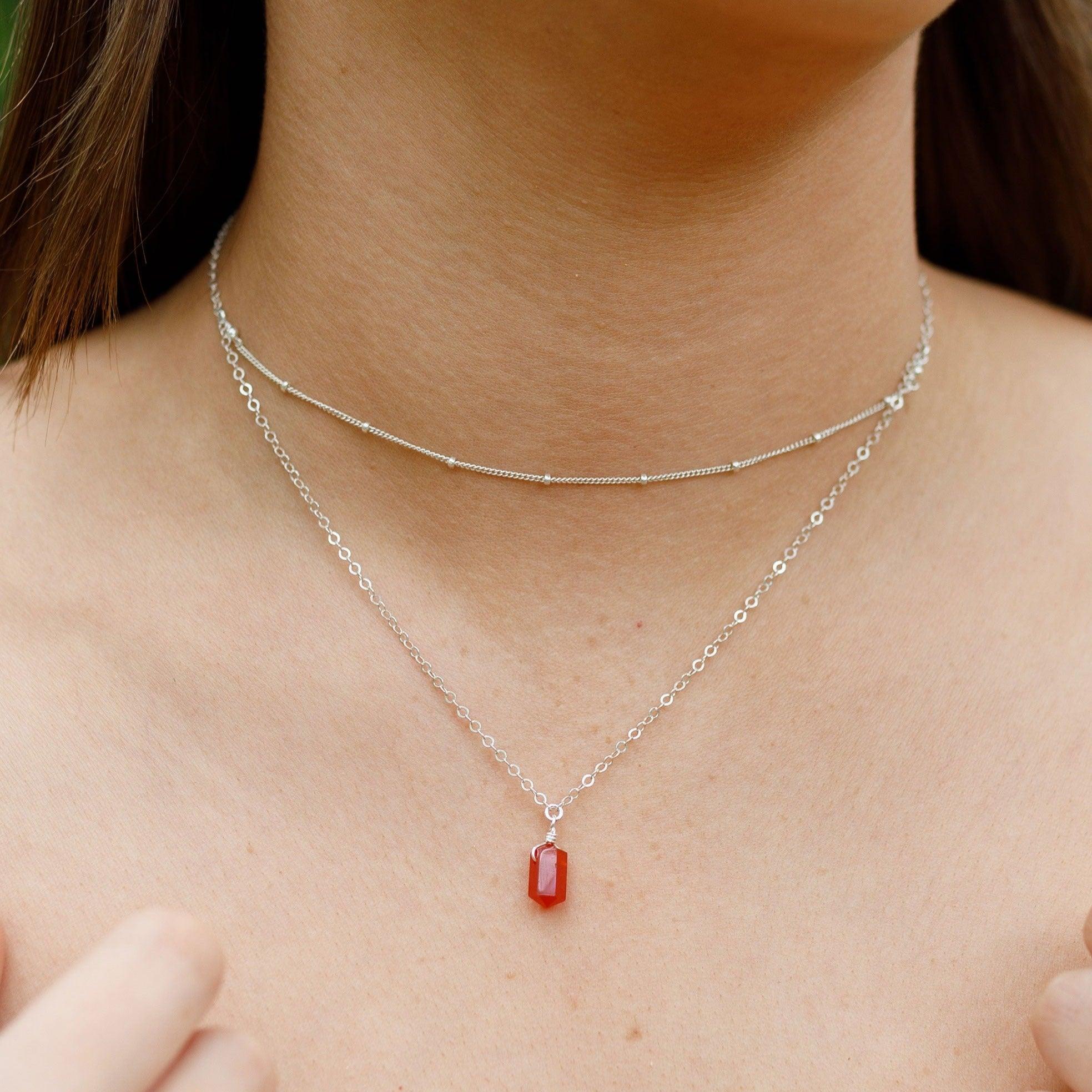 Carnelian Double Terminated Crystal Chain Layered Choker Necklace - Carnelian Double Terminated Crystal Chain Layered Choker Necklace - Sterling Silver - Luna Tide Handmade Crystal Jewellery