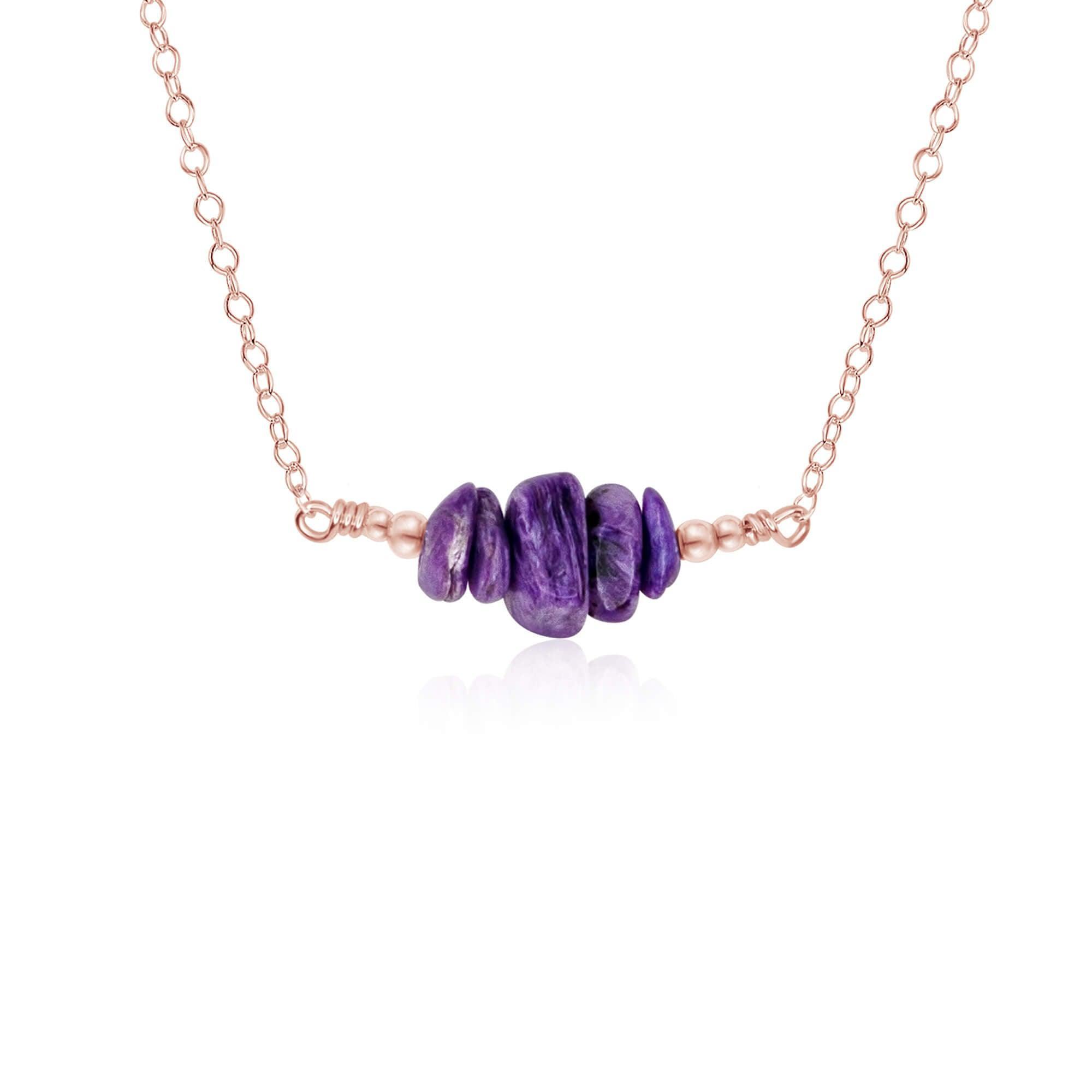 Charoite Chip Bead Bar Necklace - Charoite Chip Bead Bar Necklace - 14k Rose Gold Fill - Luna Tide Handmade Crystal Jewellery