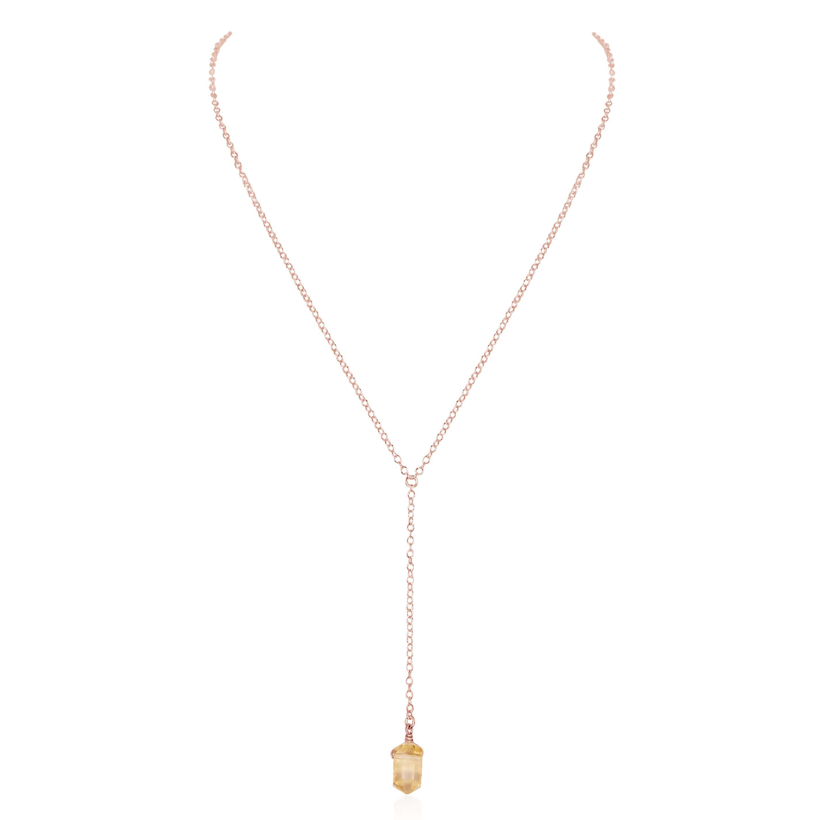 Citrine Double Terminated Mini Crystal Point Lariat Necklace - Citrine Double Terminated Mini Crystal Point Lariat Necklace - 14k Rose Gold Fill - Luna Tide Handmade Crystal Jewellery