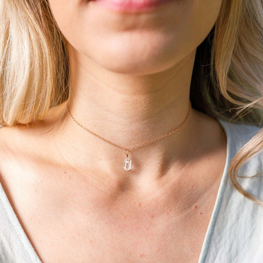 Crystal Quartz Mini Double Terminated Crystal Point Pendant Choker Necklace - Crystal Quartz Mini Double Terminated Crystal Point Pendant Choker Necklace - 14k Gold Fill / Cable - Luna Tide Handmade Crystal Jewellery