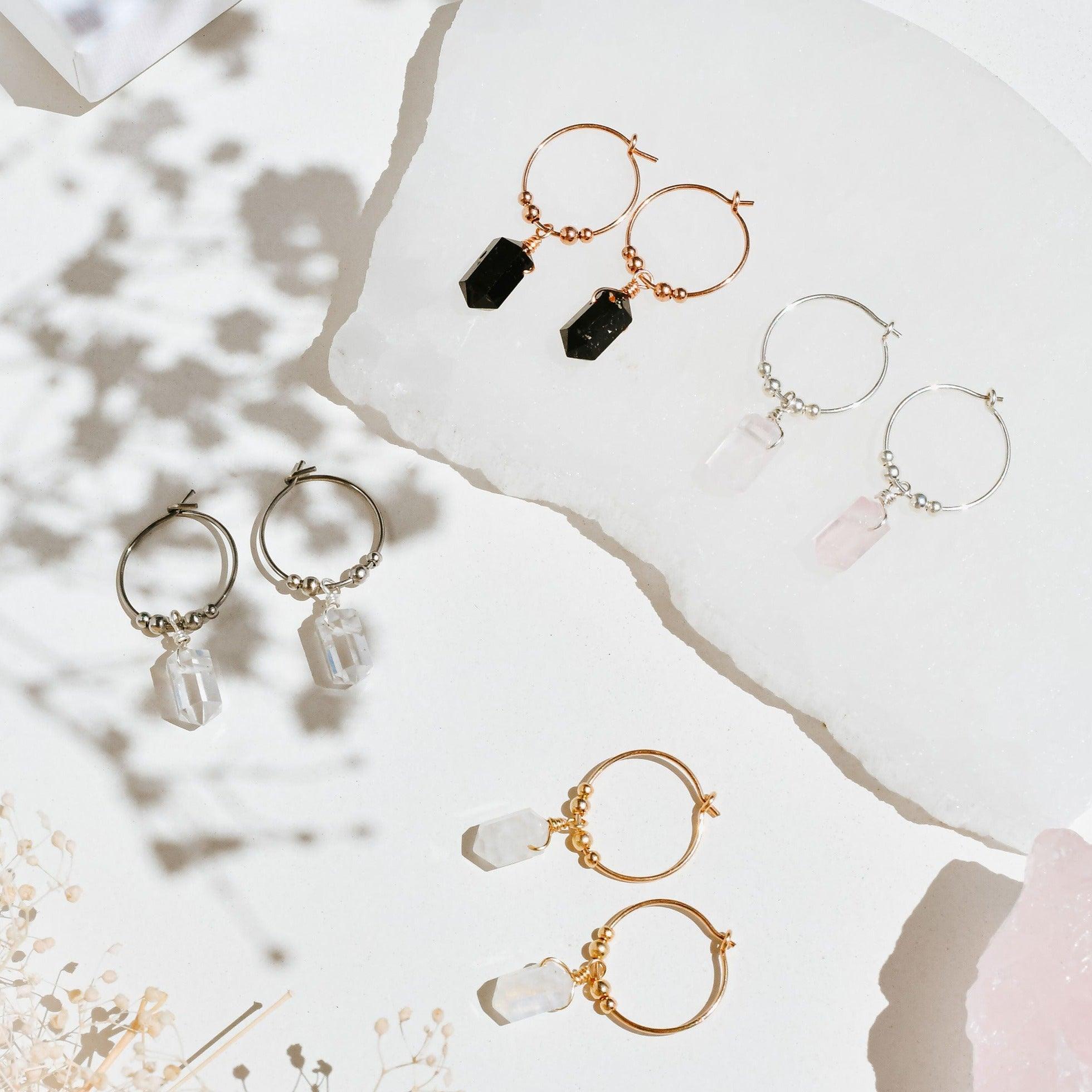 Custom Double Terminated Mini Crystal Point Dangle Hoop Earrings - Custom Double Terminated Mini Crystal Point Dangle Hoop Earrings - 14k Gold Fill / 15mm - Luna Tide Handmade Crystal Jewellery