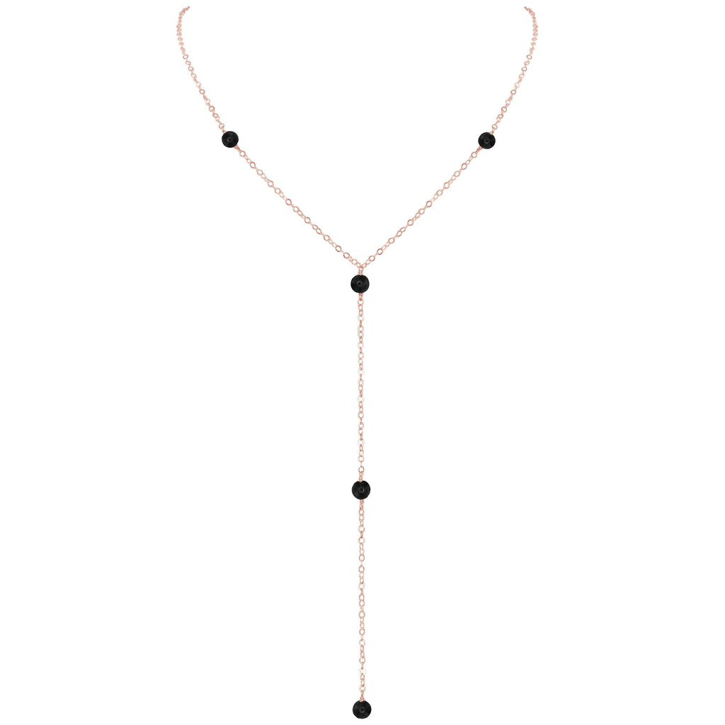 Dainty Black Onyx Lariat Necklace - Dainty Black Onyx Lariat Necklace - 14k Rose Gold Fill - Luna Tide Handmade Crystal Jewellery
