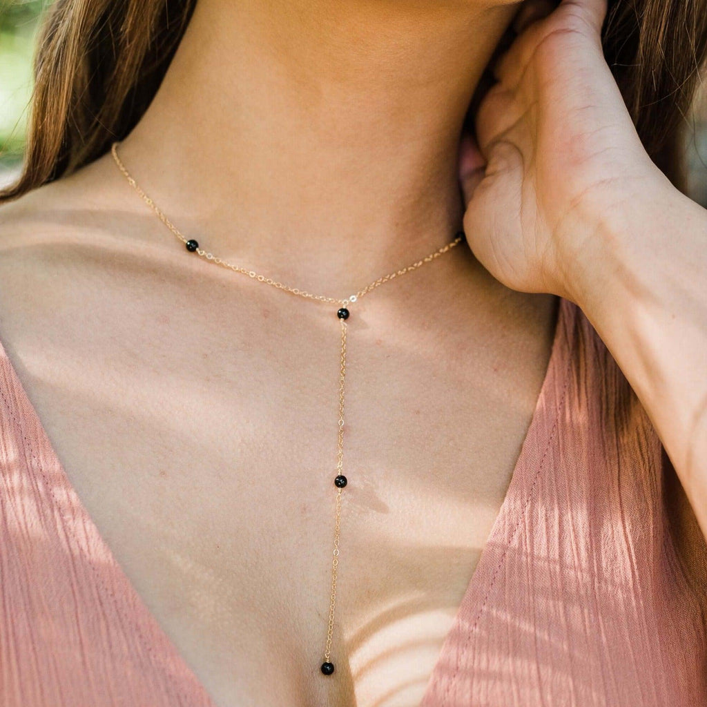 Dainty Black Tourmaline Lariat Necklace - Dainty Black Tourmaline Lariat Necklace - 14k Gold Fill - Luna Tide Handmade Crystal Jewellery