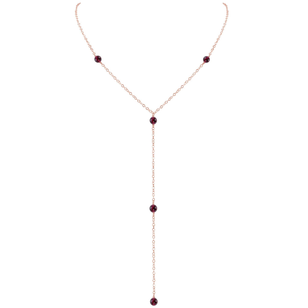 Dainty Garnet Lariat Necklace - Dainty Garnet Lariat Necklace - 14k Rose Gold Fill - Luna Tide Handmade Crystal Jewellery