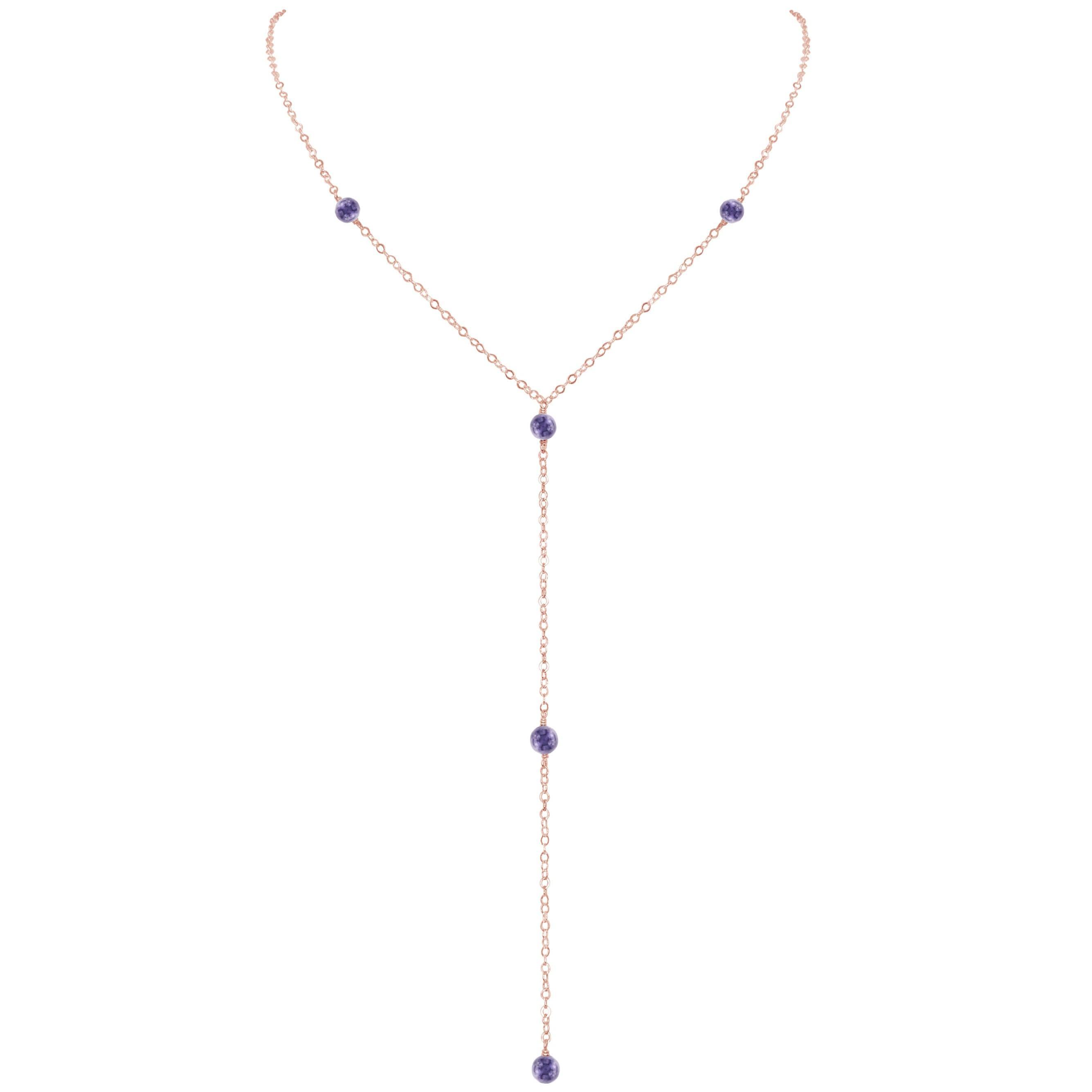 Dainty Iolite Lariat Necklace - Dainty Iolite Lariat Necklace - 14k Rose Gold Fill - Luna Tide Handmade Crystal Jewellery