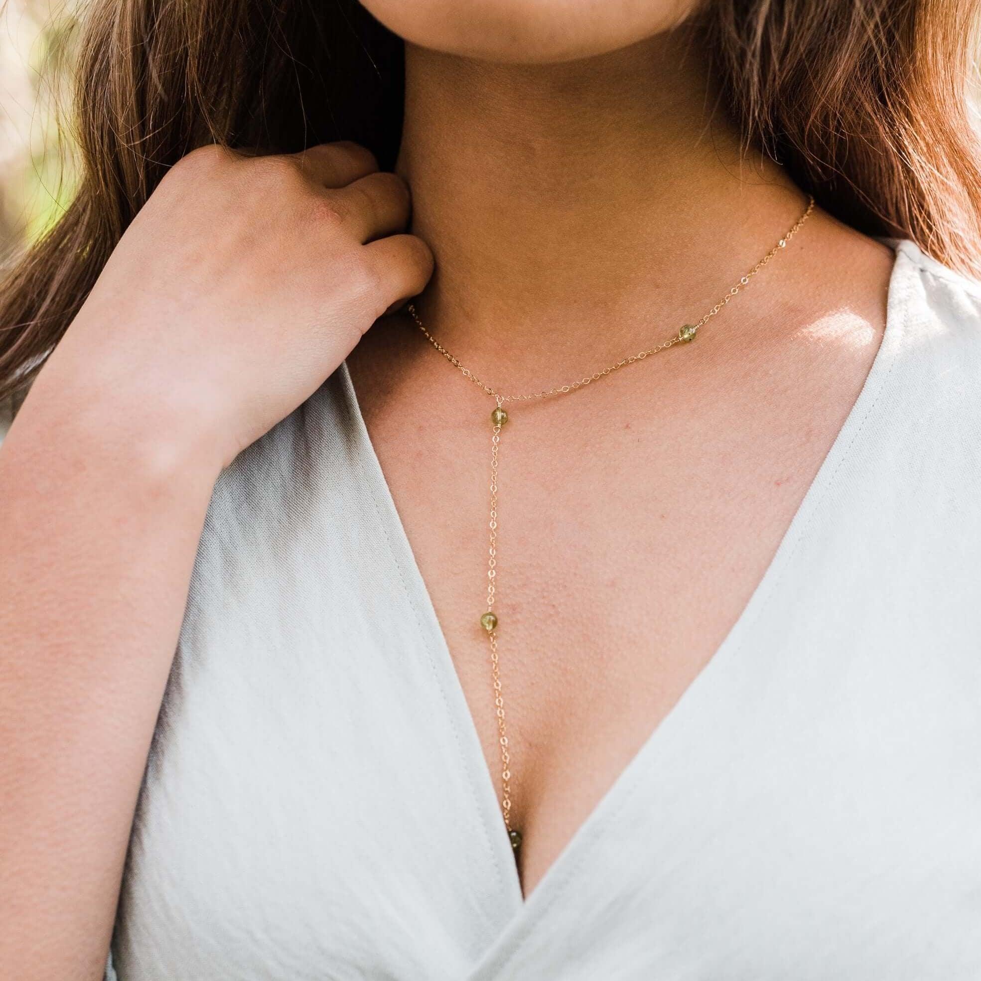 Dainty Peridot Lariat Necklace - Dainty Peridot Lariat Necklace - Sterling Silver - Luna Tide Handmade Crystal Jewellery
