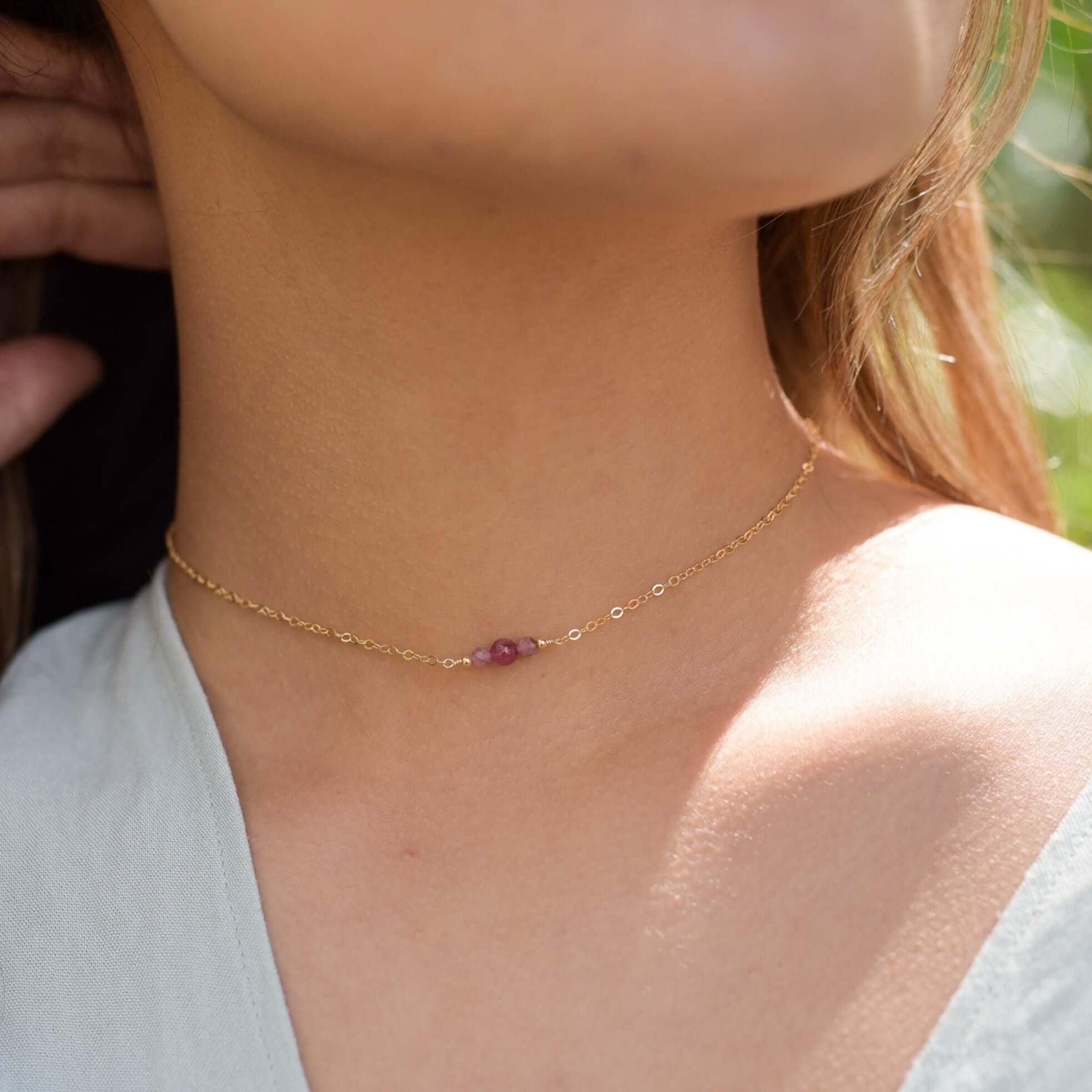Dainty Pink Tourmaline Gemstone Choker Necklace - Dainty Pink Tourmaline Gemstone Choker Necklace - Sterling Silver - Luna Tide Handmade Crystal Jewellery