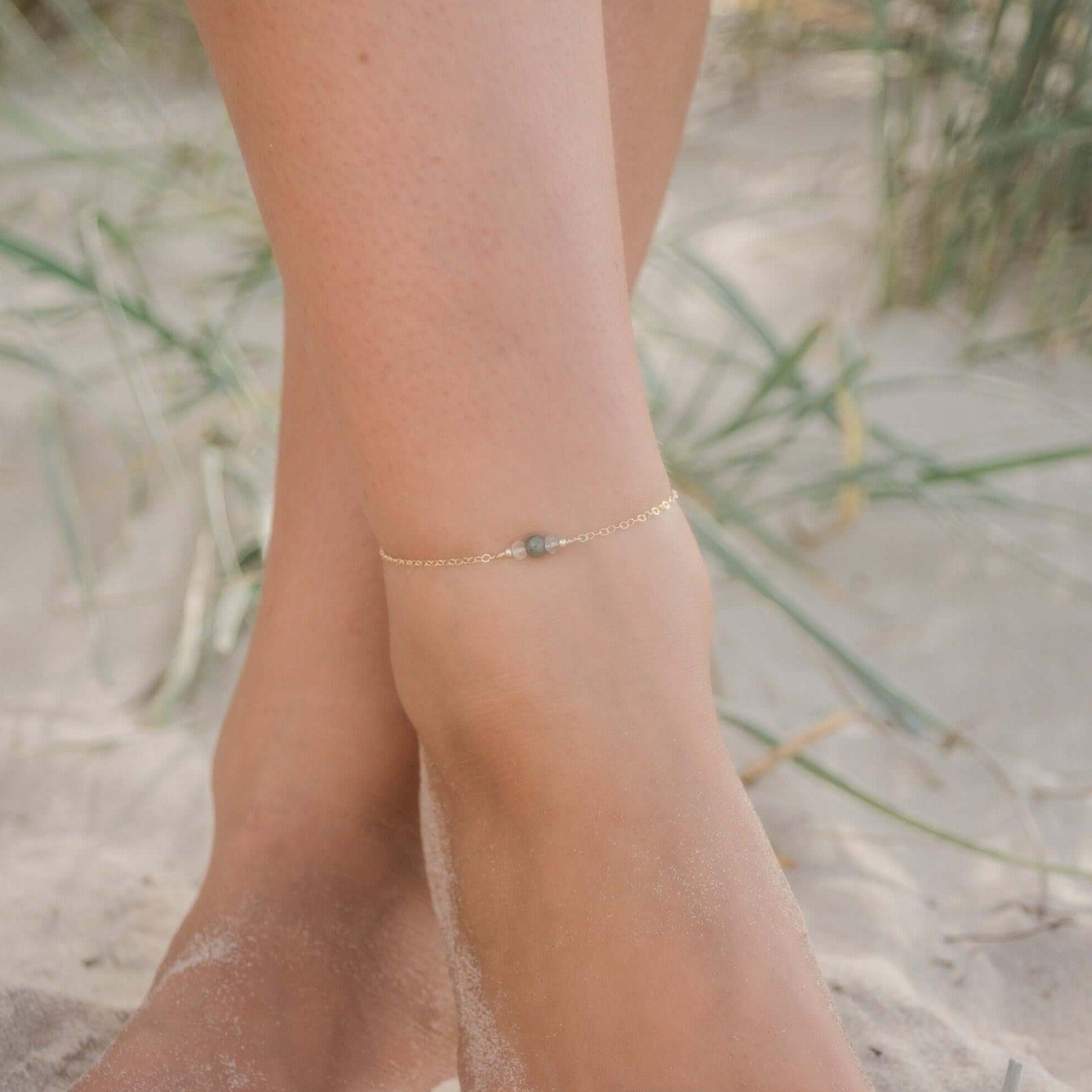 Dainty Prehnite Gemstone Anklet - Dainty Prehnite Gemstone Anklet - Sterling Silver - Luna Tide Handmade Crystal Jewellery