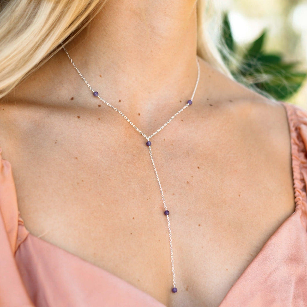 Dainty Purple Lepidolite Gemstone Lariat Necklace - Dainty Purple Lepidolite Gemstone Lariat Necklace - Sterling Silver - Luna Tide Handmade Crystal Jewellery