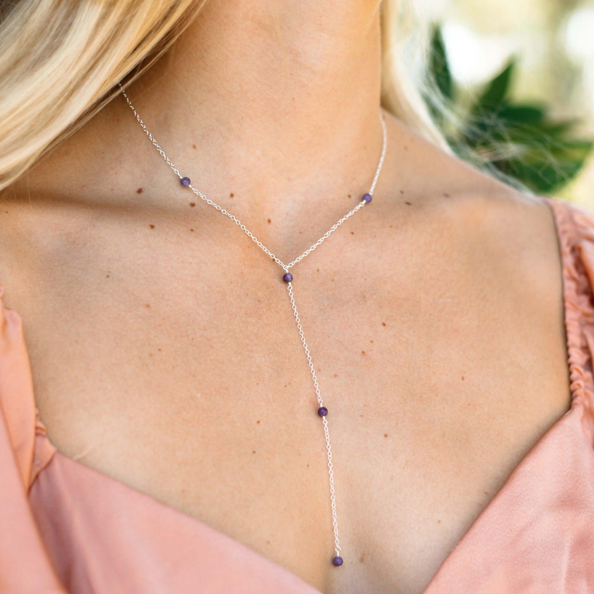 Dainty Purple Lepidolite Gemstone Lariat Necklace - Dainty Purple Lepidolite Gemstone Lariat Necklace - Sterling Silver - Luna Tide Handmade Crystal Jewellery