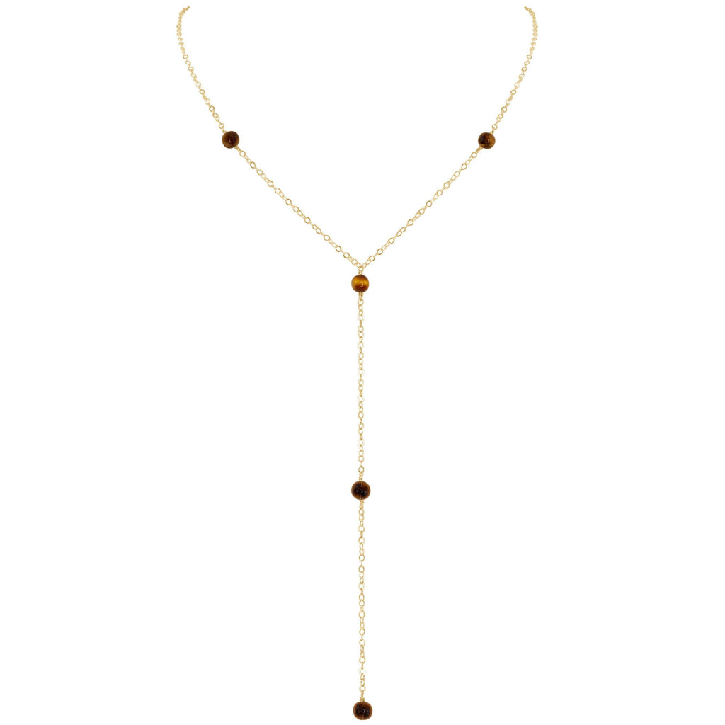 Dainty Tiger's Eye Gemstone Lariat Necklace - Dainty Tiger's Eye Gemstone Lariat Necklace - 14k Gold Fill - Luna Tide Handmade Crystal Jewellery