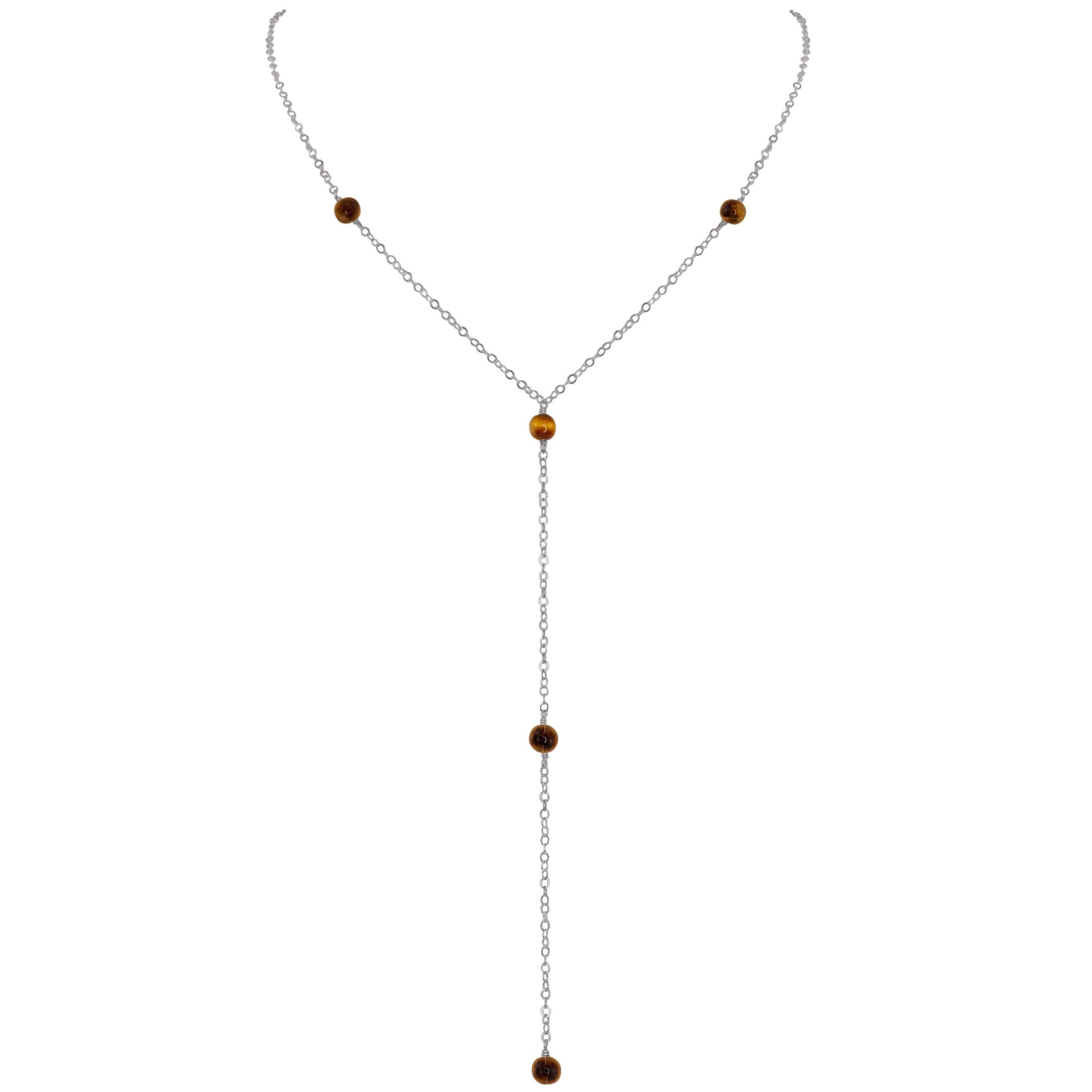 Dainty Tiger's Eye Gemstone Lariat Necklace - Dainty Tiger's Eye Gemstone Lariat Necklace - Stainless Steel - Luna Tide Handmade Crystal Jewellery