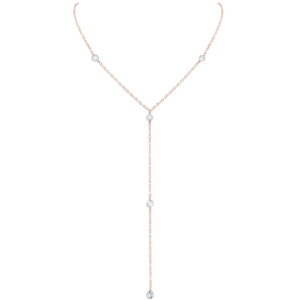 Dainty White Howlite Lariat Necklace - Dainty White Howlite Lariat Necklace - 14k Rose Gold Fill - Luna Tide Handmade Crystal Jewellery