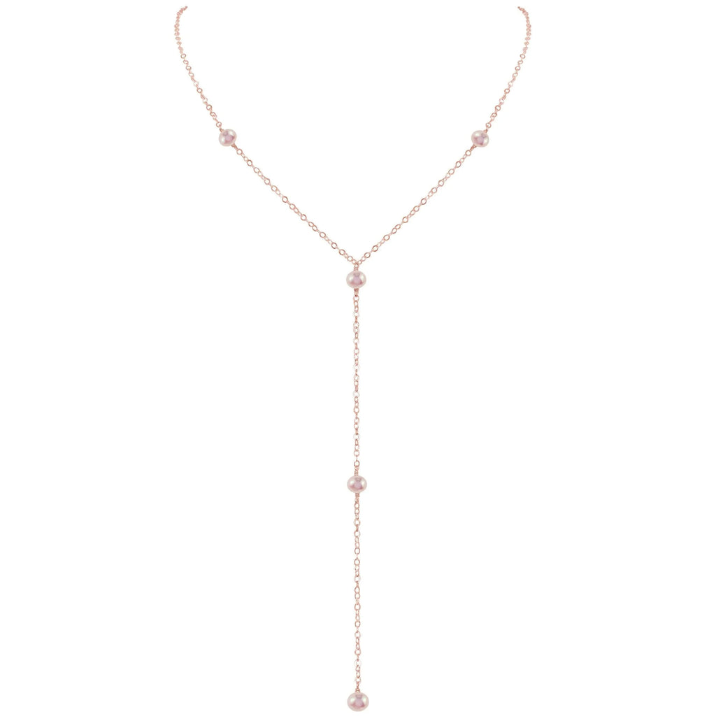 Dainty White Pearl Lariat Necklace - Dainty White Pearl Lariat Necklace - 14k Rose Gold Fill - Luna Tide Handmade Crystal Jewellery