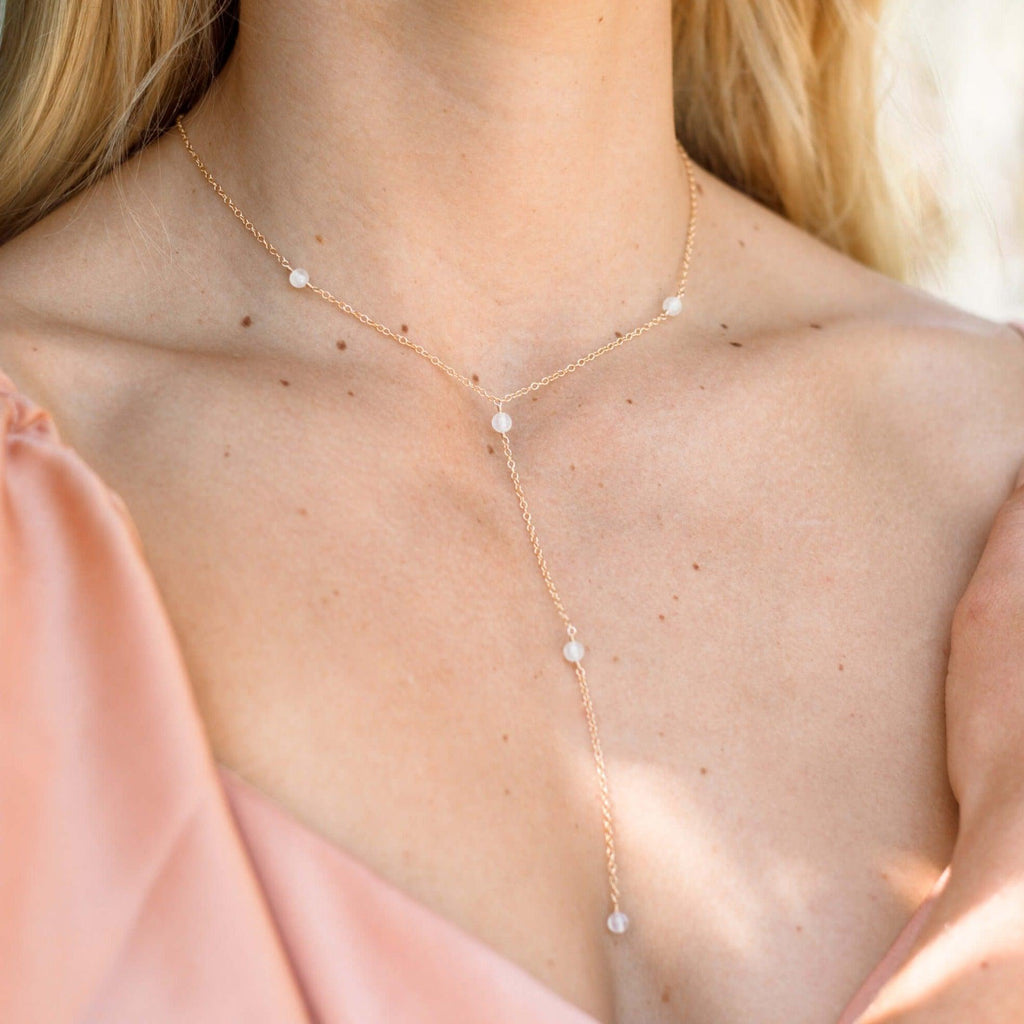 Dainty White Selenite Gemstone Lariat Necklace - Dainty White Selenite Gemstone Lariat Necklace - 14k Gold Fill - Luna Tide Handmade Crystal Jewellery